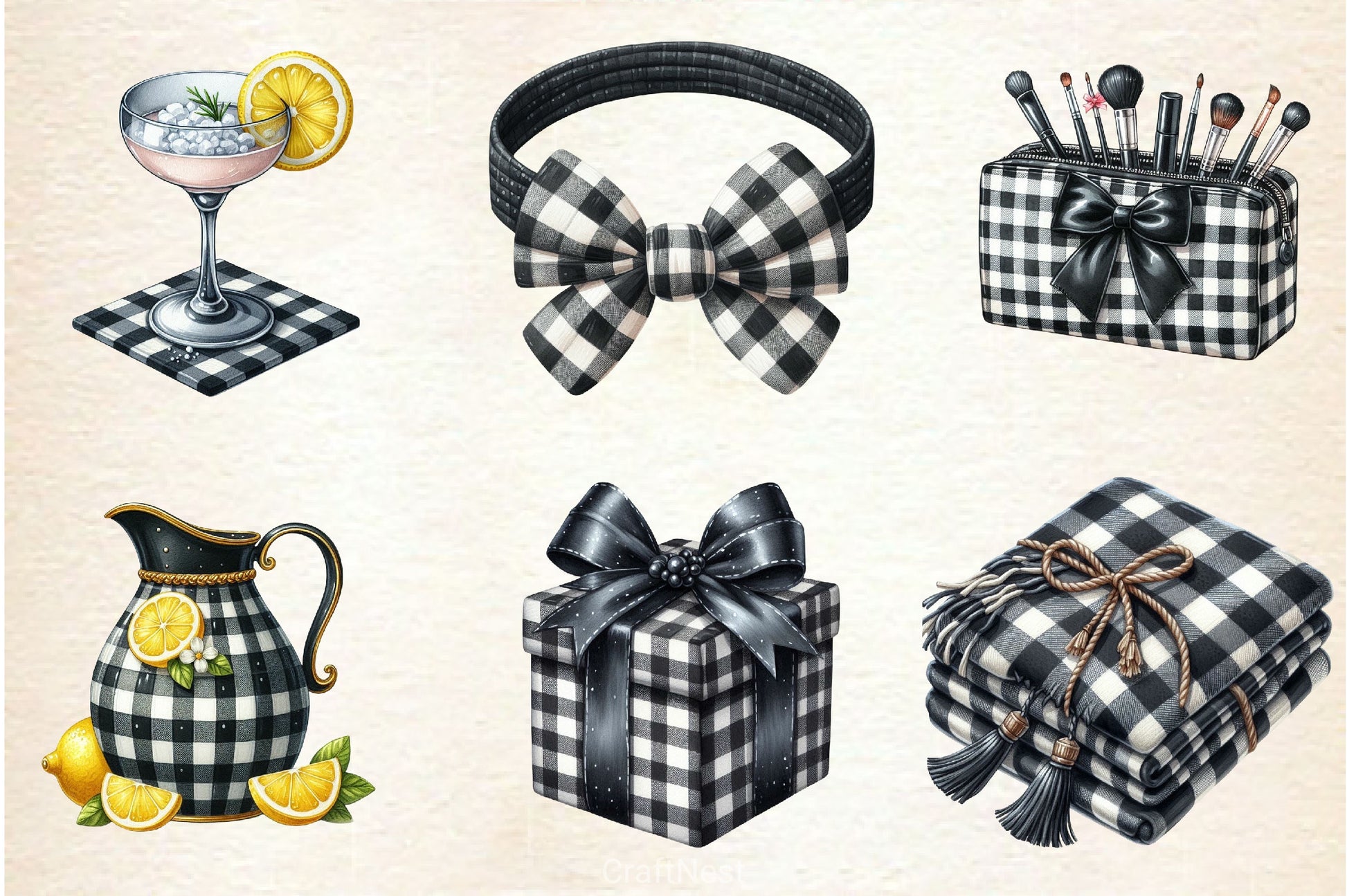 Luxury Black Gingham Summer Clipart Bundle - CraftNest - Digital Crafting and Art
