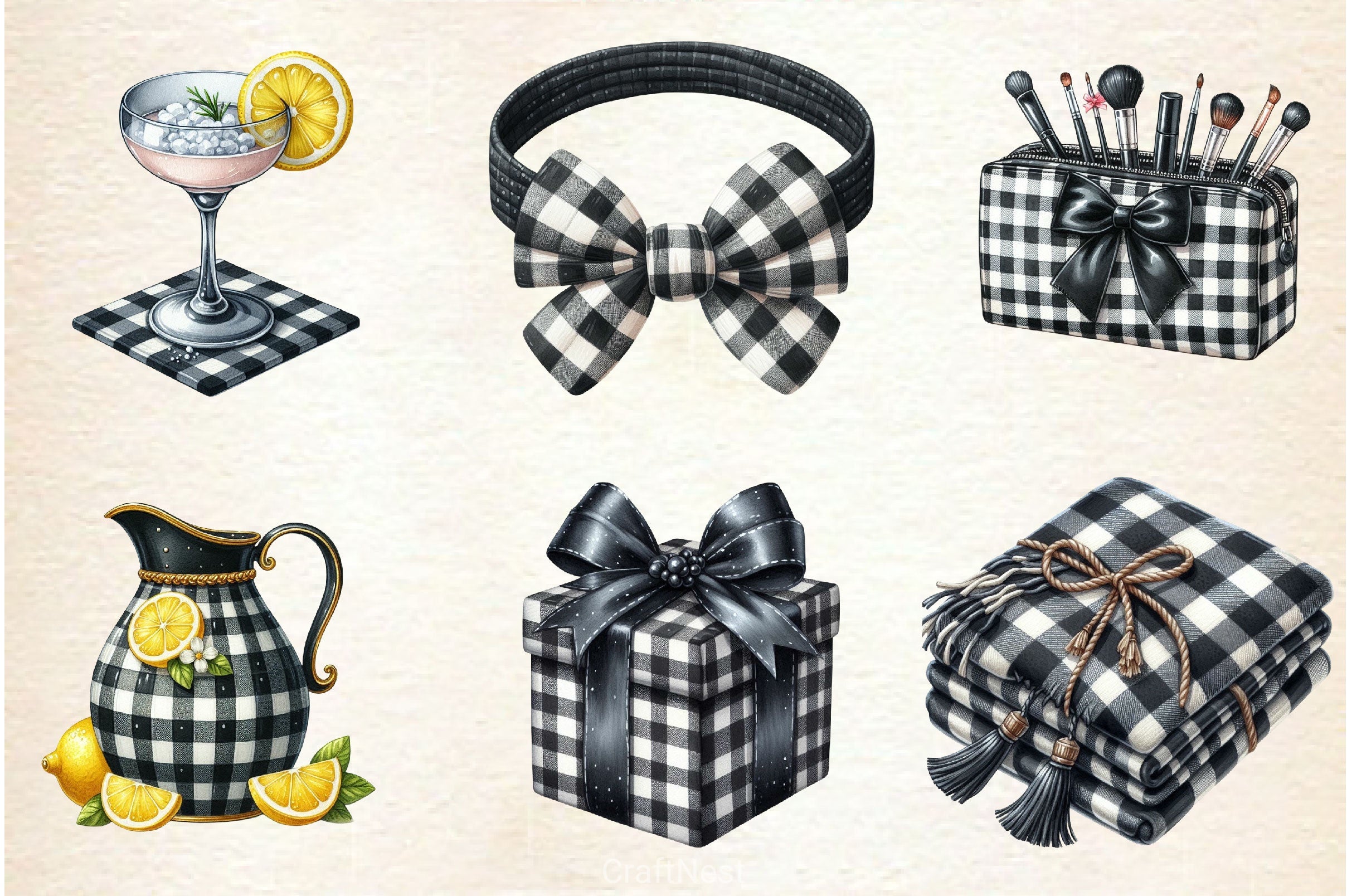 Luxury Black Gingham Summer Clipart Bundle - CraftNest - Digital Crafting and Art