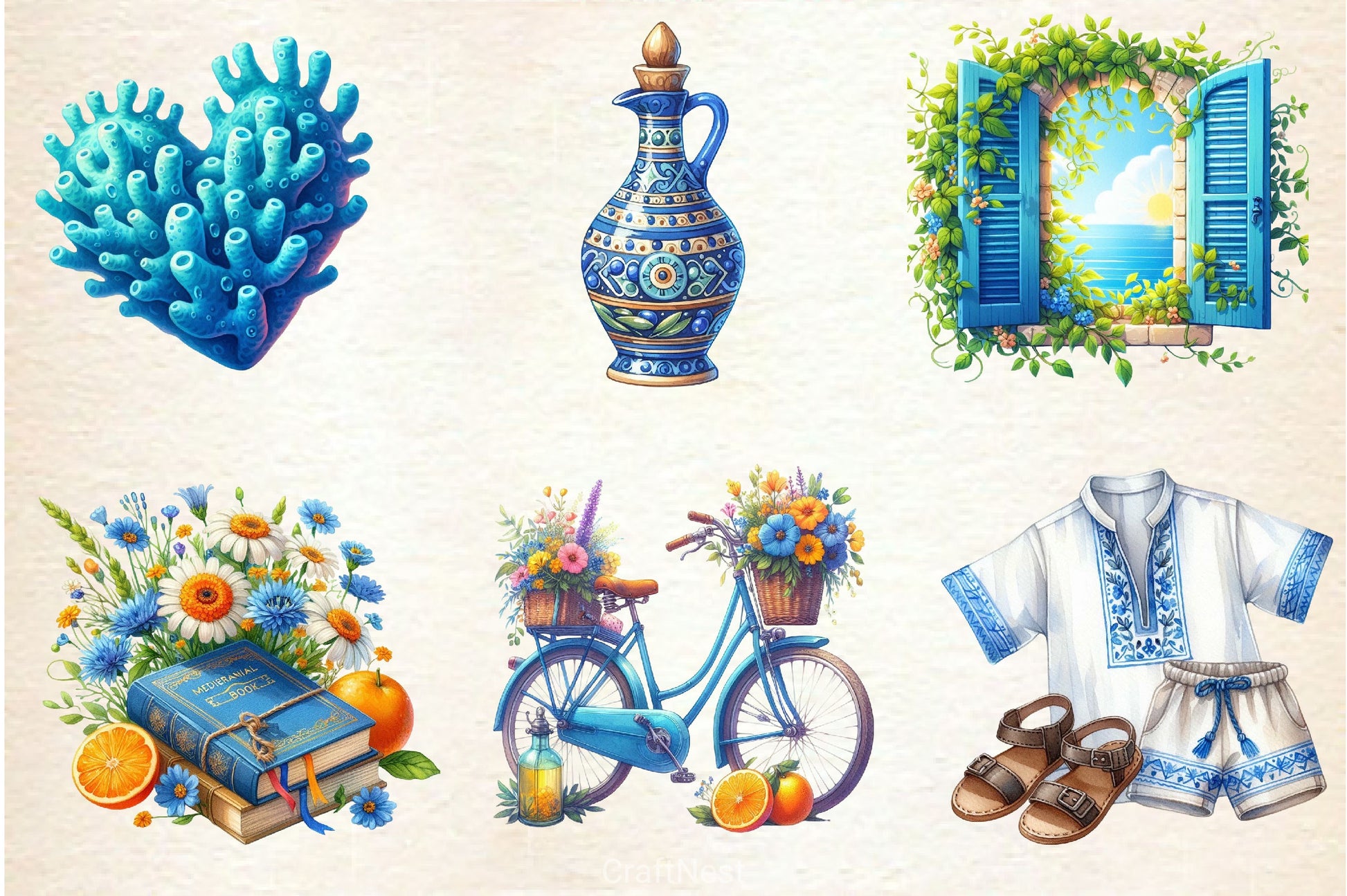 Blue Summer Mediterranean Clipart Bundle - CraftNest - Digital Crafting and Art