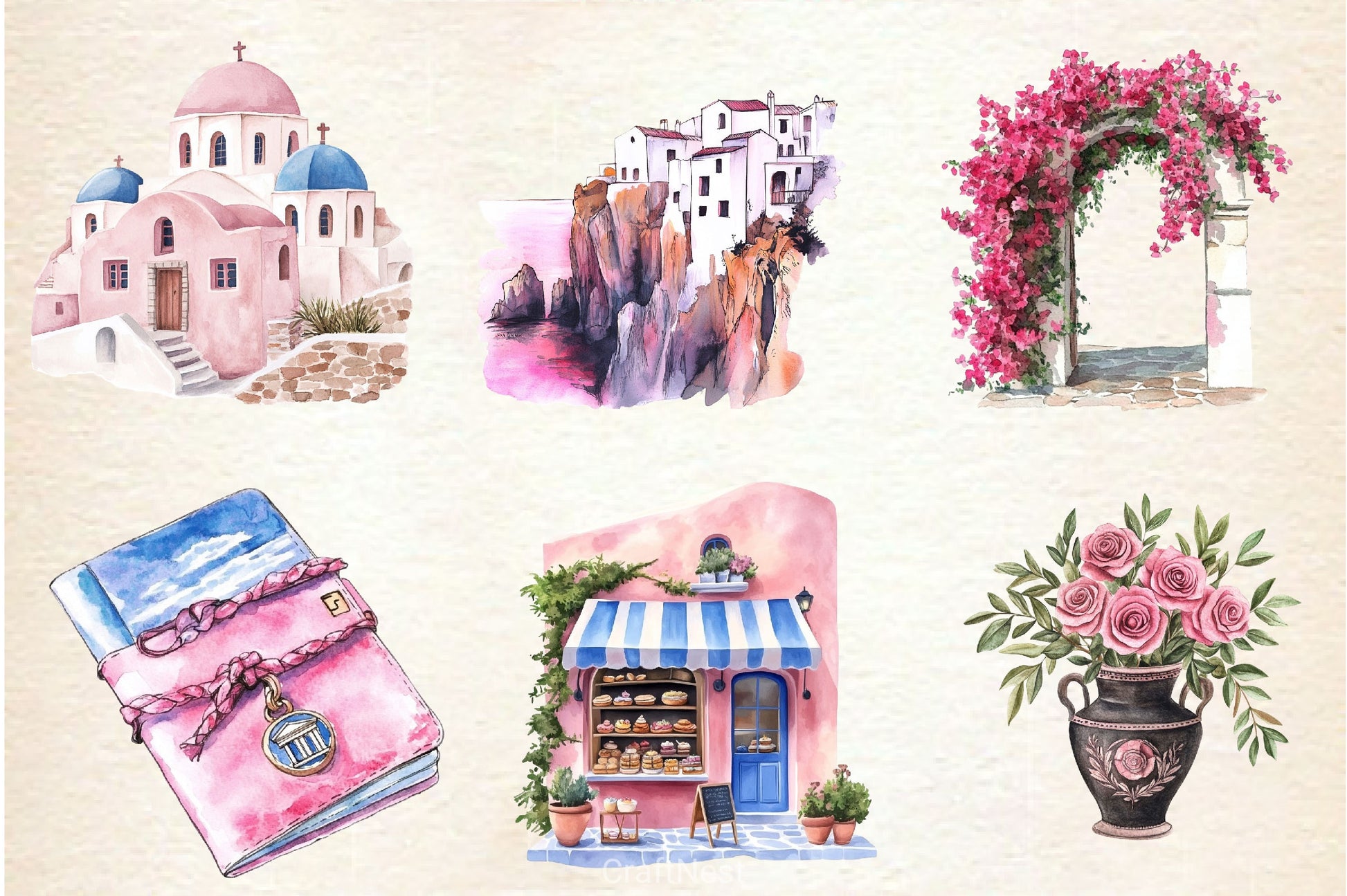 Pink Summer Santorini Travel Clipart Bundle 2 - CraftNest - Digital Crafting and Art