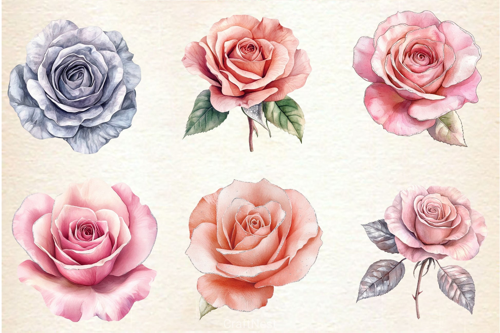 Blush And Silver Glam Roses Clipart Bundle - CraftNest - Digital Crafting and Art