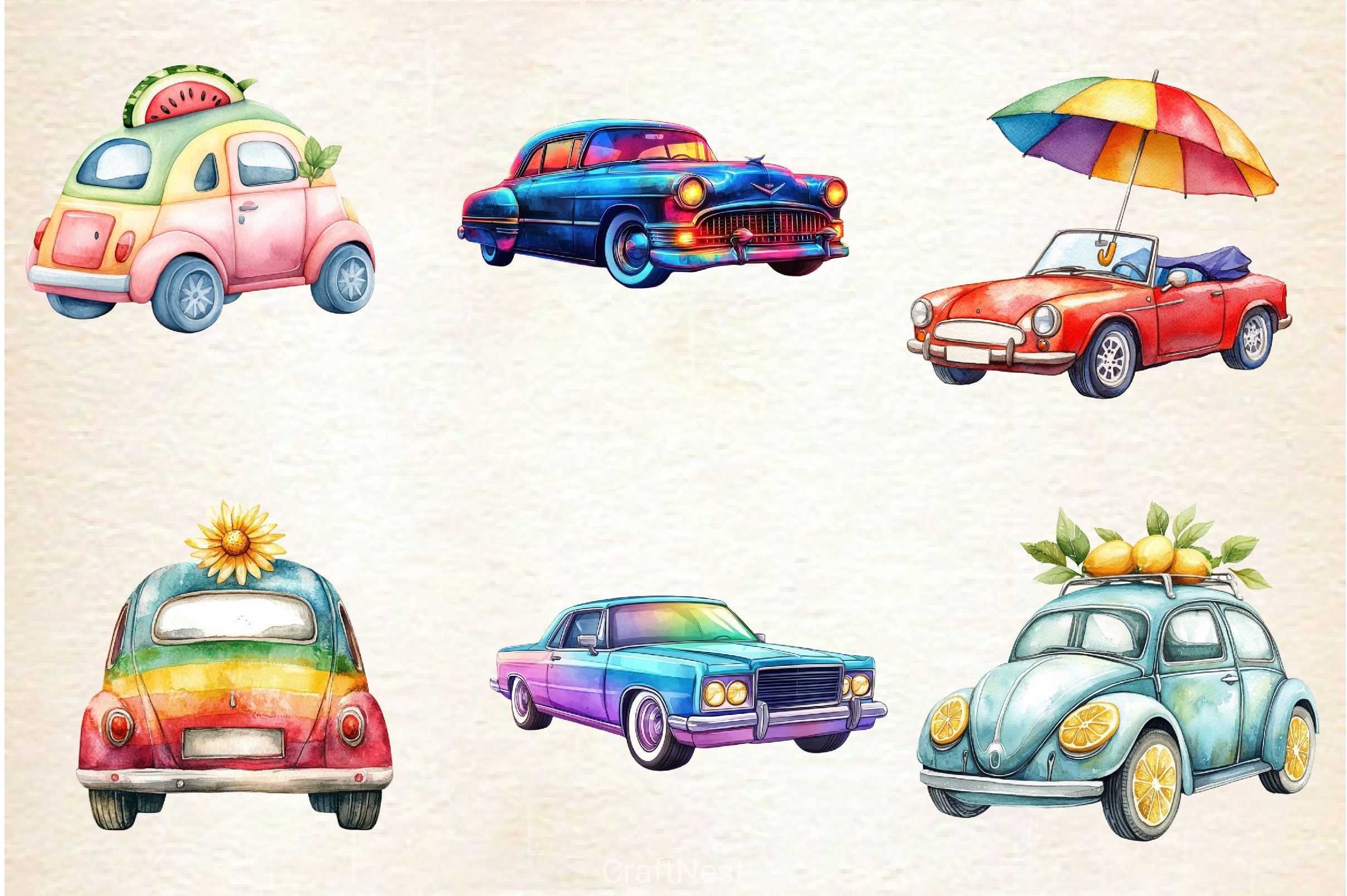 Rainbow Cute Summer Car Clipart Bundle - CraftNest - Digital Crafting and Art