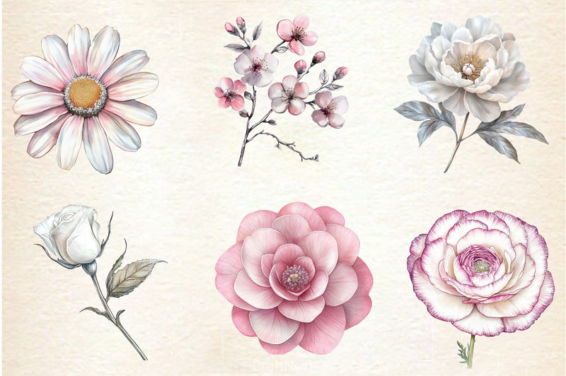 Pink White And Silver Floral Clipart Bundle - CraftNest - Digital Crafting and Art