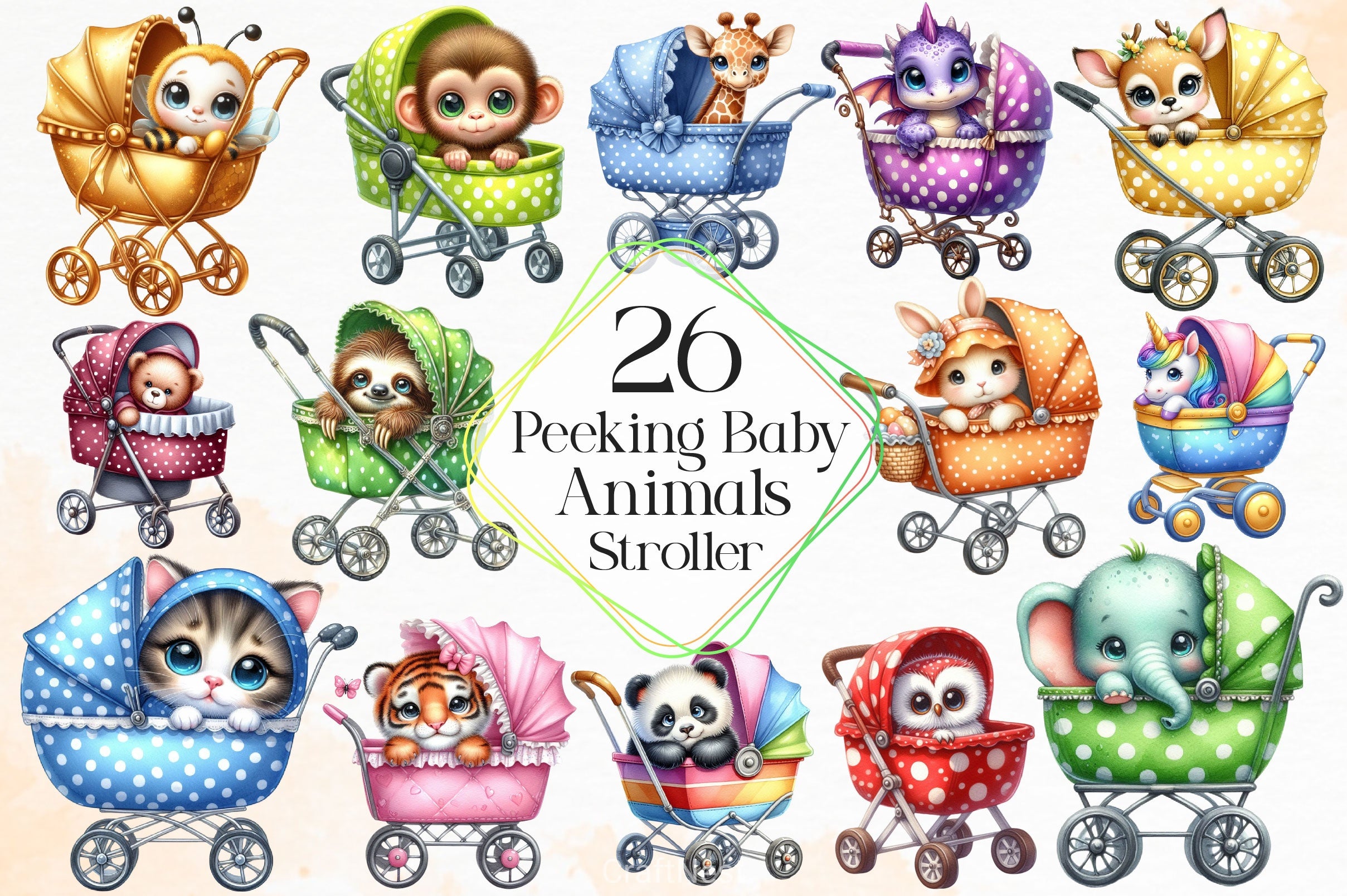 Peeking Baby Animals In Stroller Clipart Bundle - CraftNest - Digital Crafting and Art