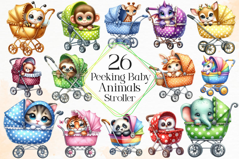 Peeking Baby Animals In Stroller Clipart Bundle - CraftNest - Digital Crafting and Art