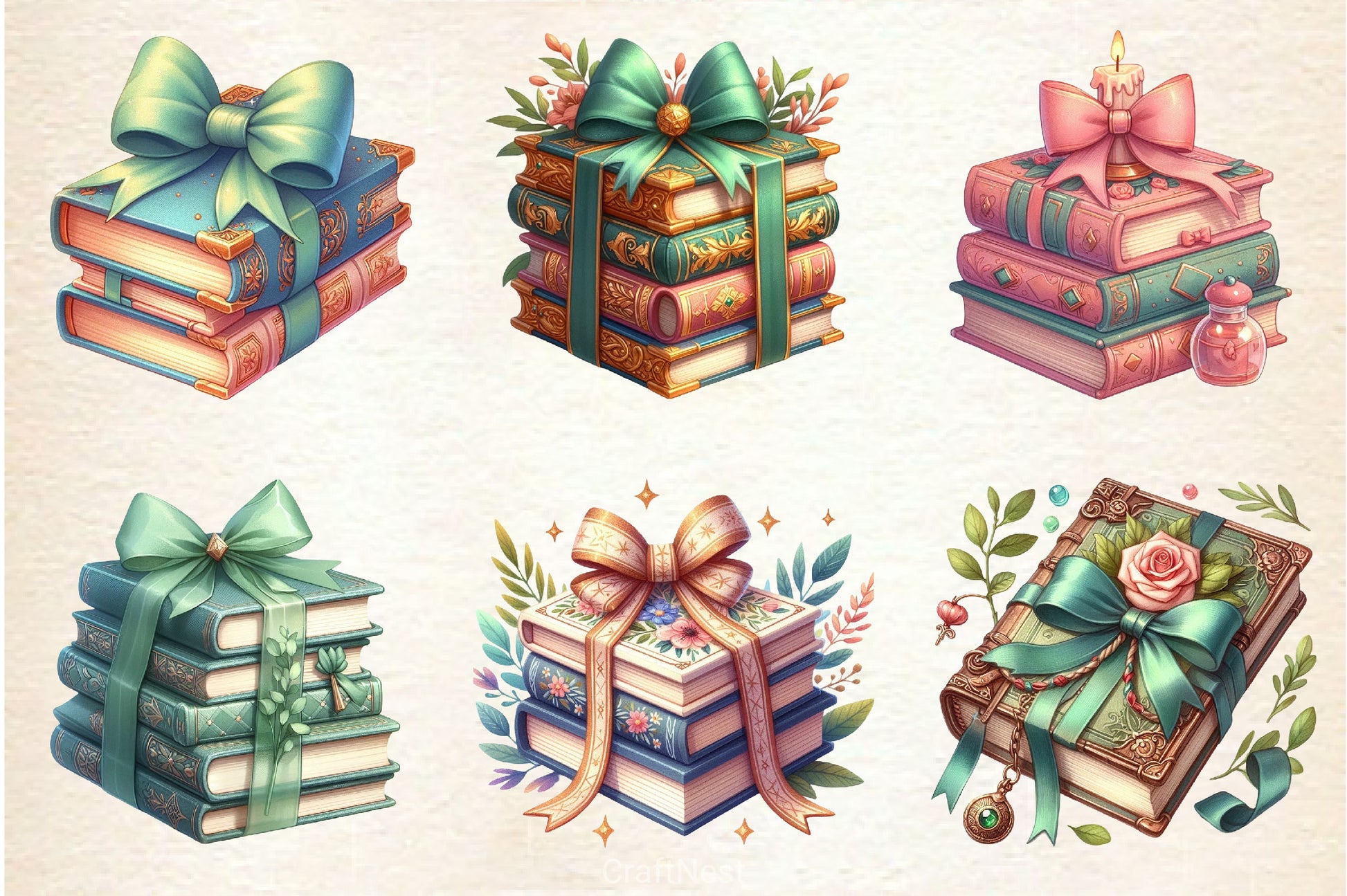 Sage Coquette Bow Book Stack Clipart Bundle - CraftNest - Digital Crafting and Art