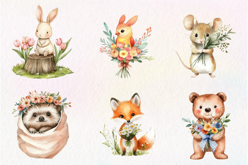 Spring Woodland Animal With Bouquet Clipart Bundle - CraftNest - Digital Crafting and Art