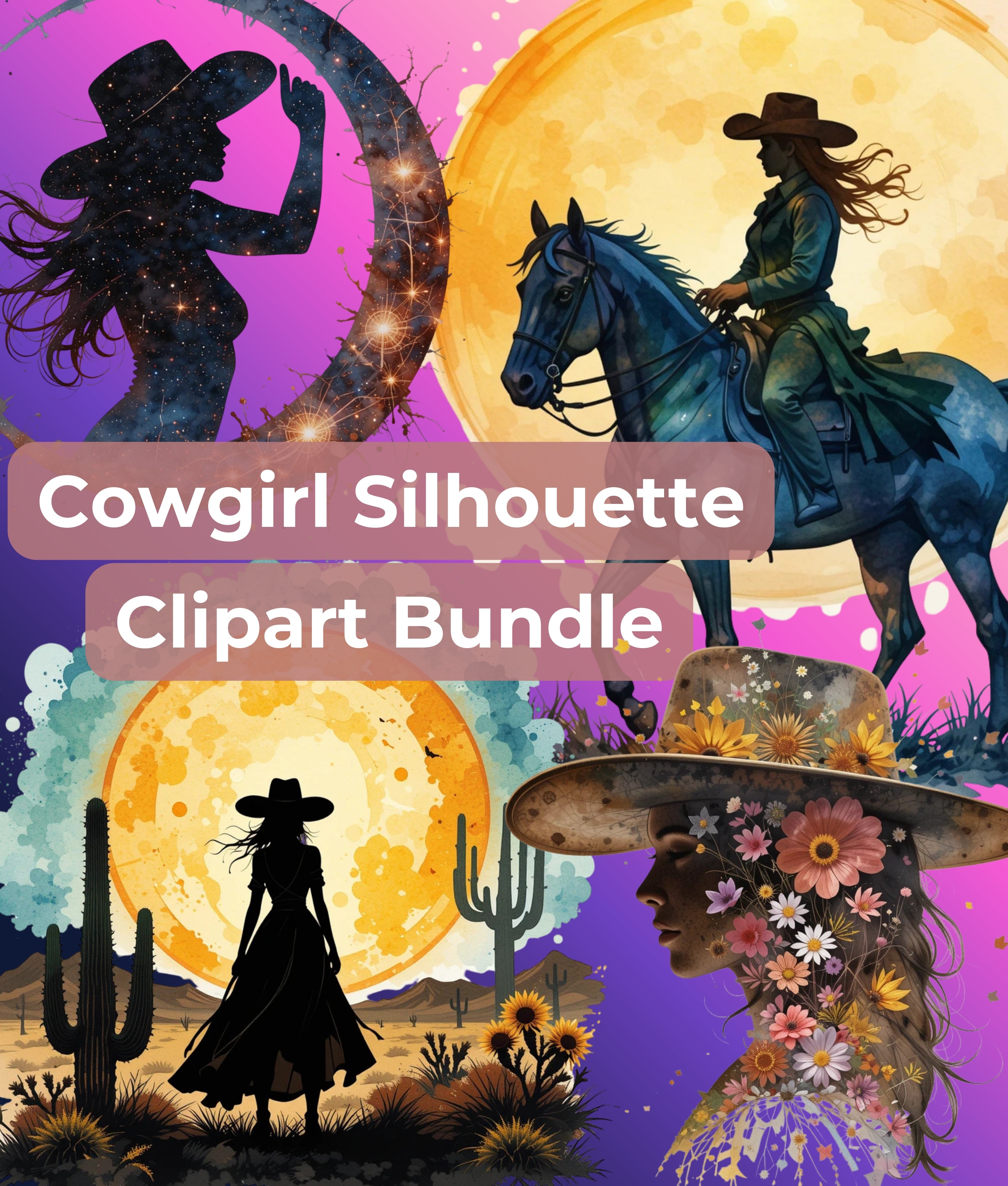 Cowgirl Silhouette Clipart Bundle