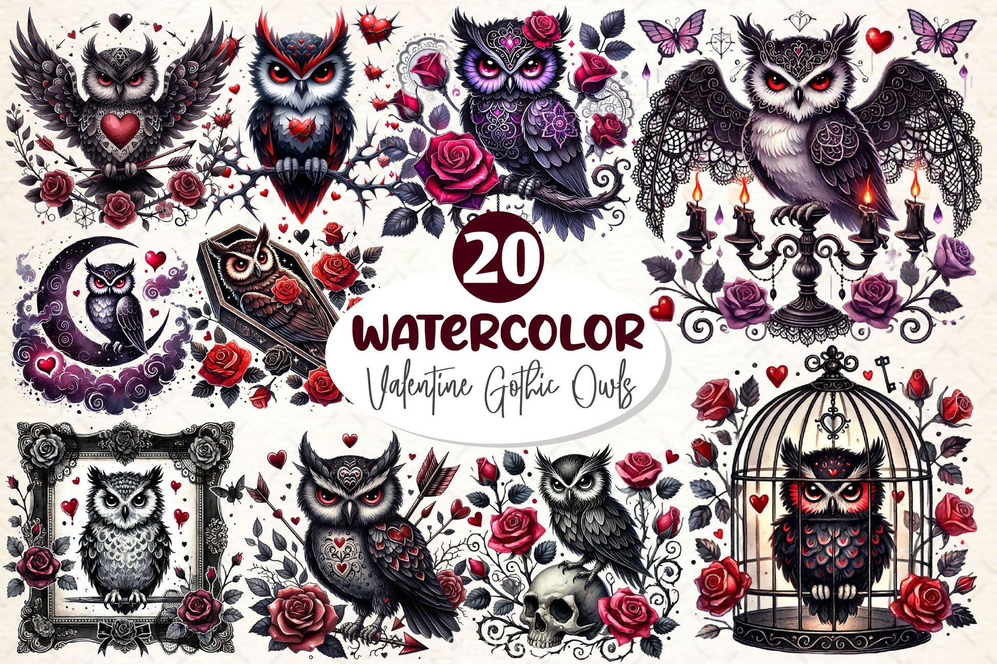 Valentine Gothic Owls Clipart Bundle 3 - CraftNest - Digital Crafting and Art