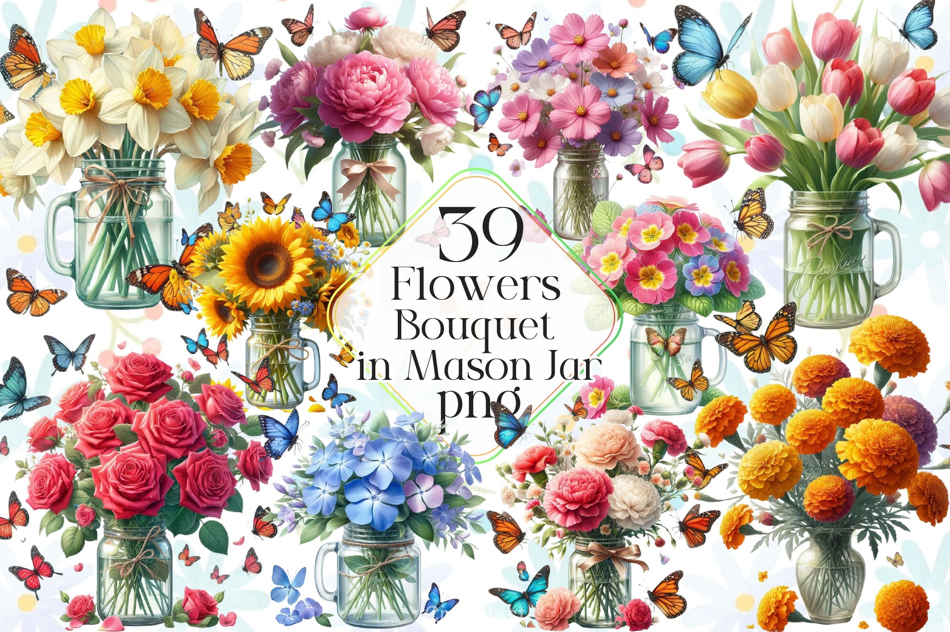 Flowers Bouquet In Mason Jar Clipart Bundle - CraftNest - Digital Crafting and Art