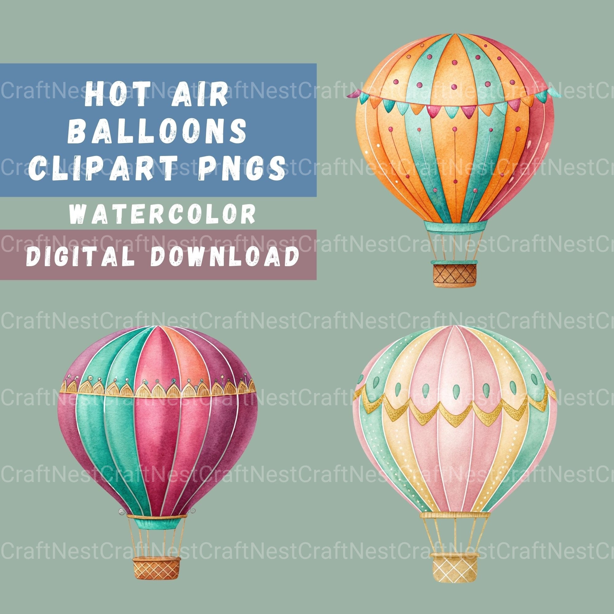 Hot Air Balloons Colorful Clipart Bundle - CraftNest - Digital Crafting and Art