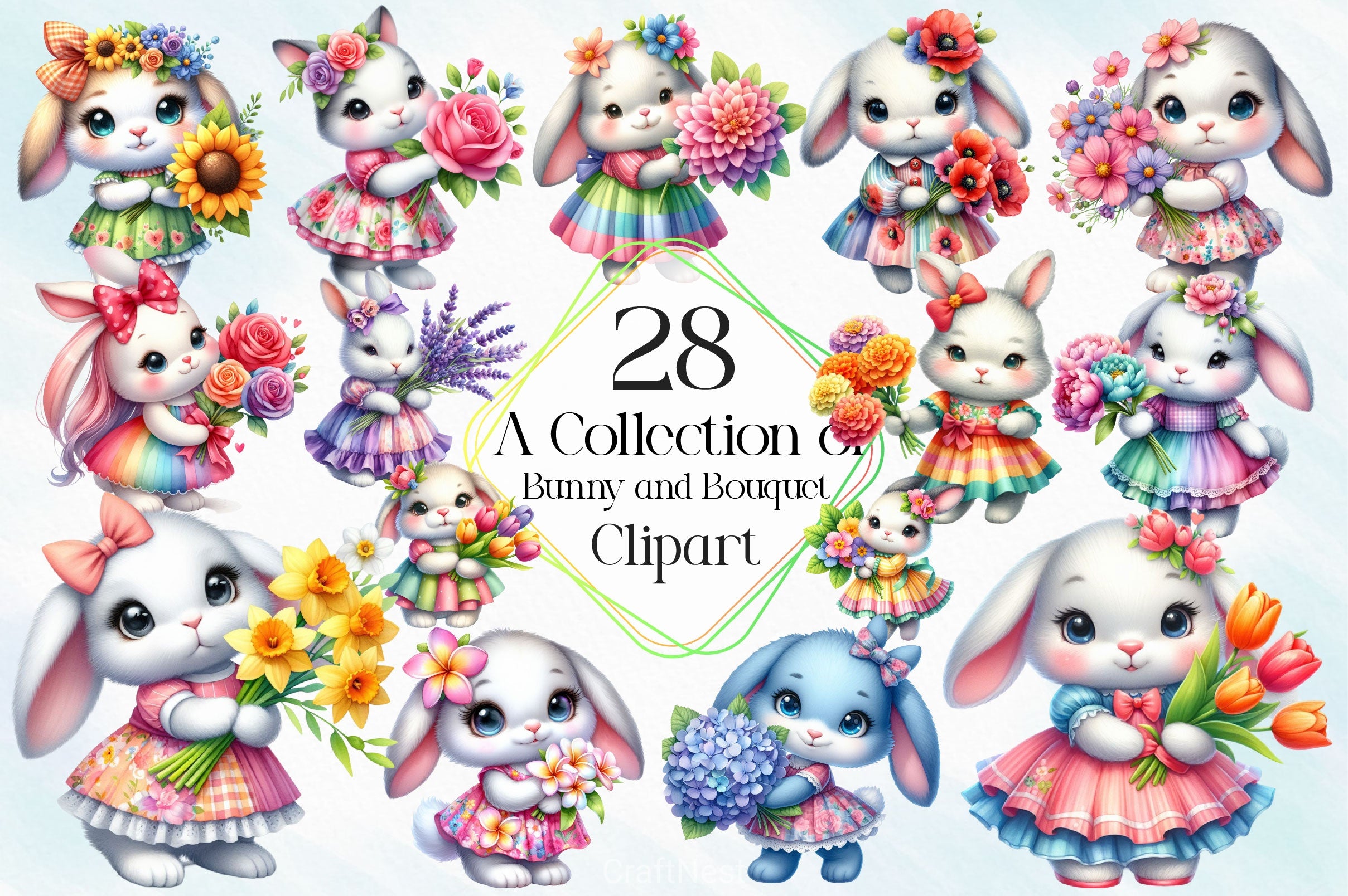Collection Of Bunny And Bouquet Clipart Bundle - CraftNest - Digital Crafting and Art
