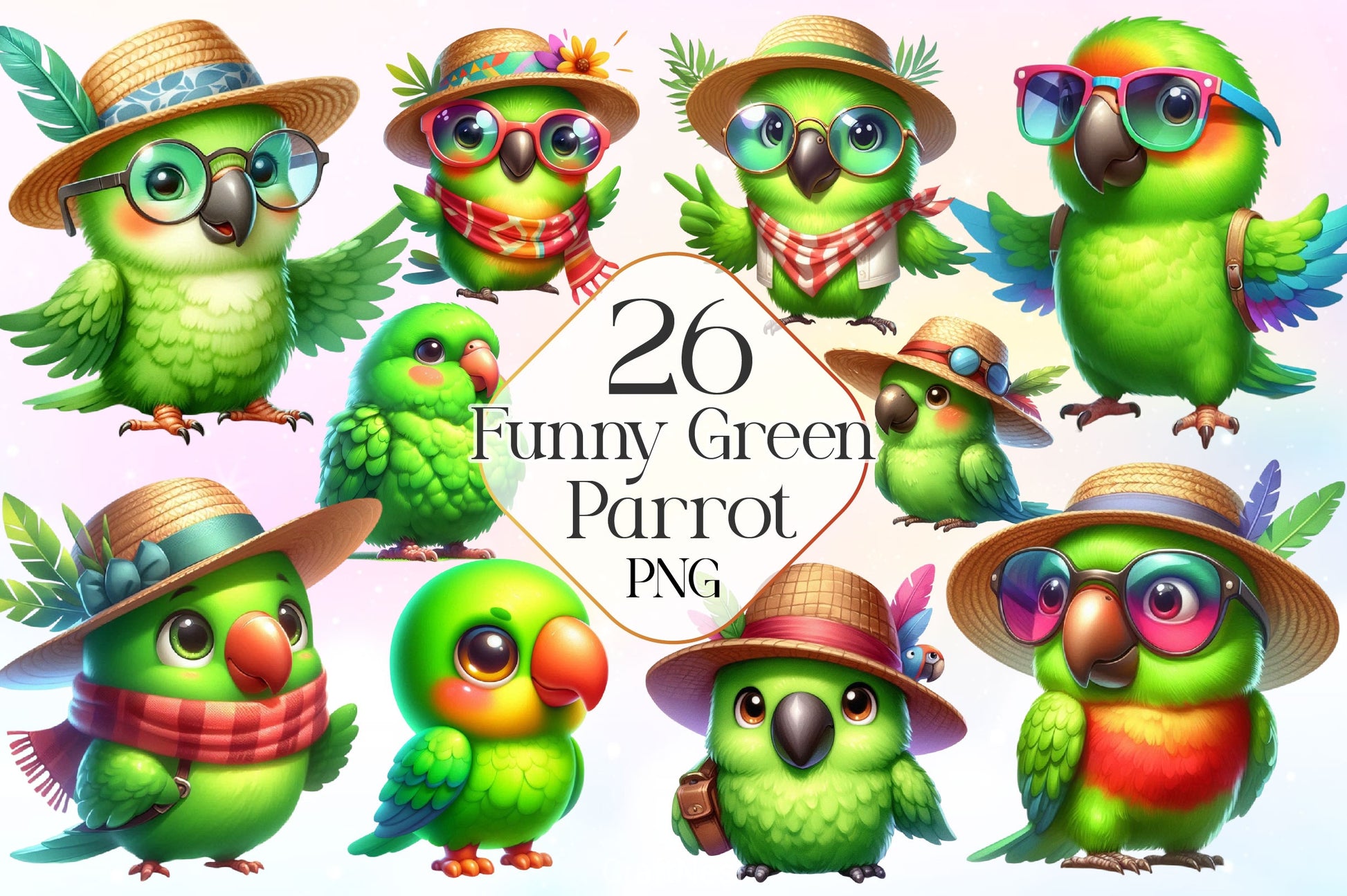 Cute Funny Green Parrot Clipart Bundle - CraftNest - Digital Crafting and Art