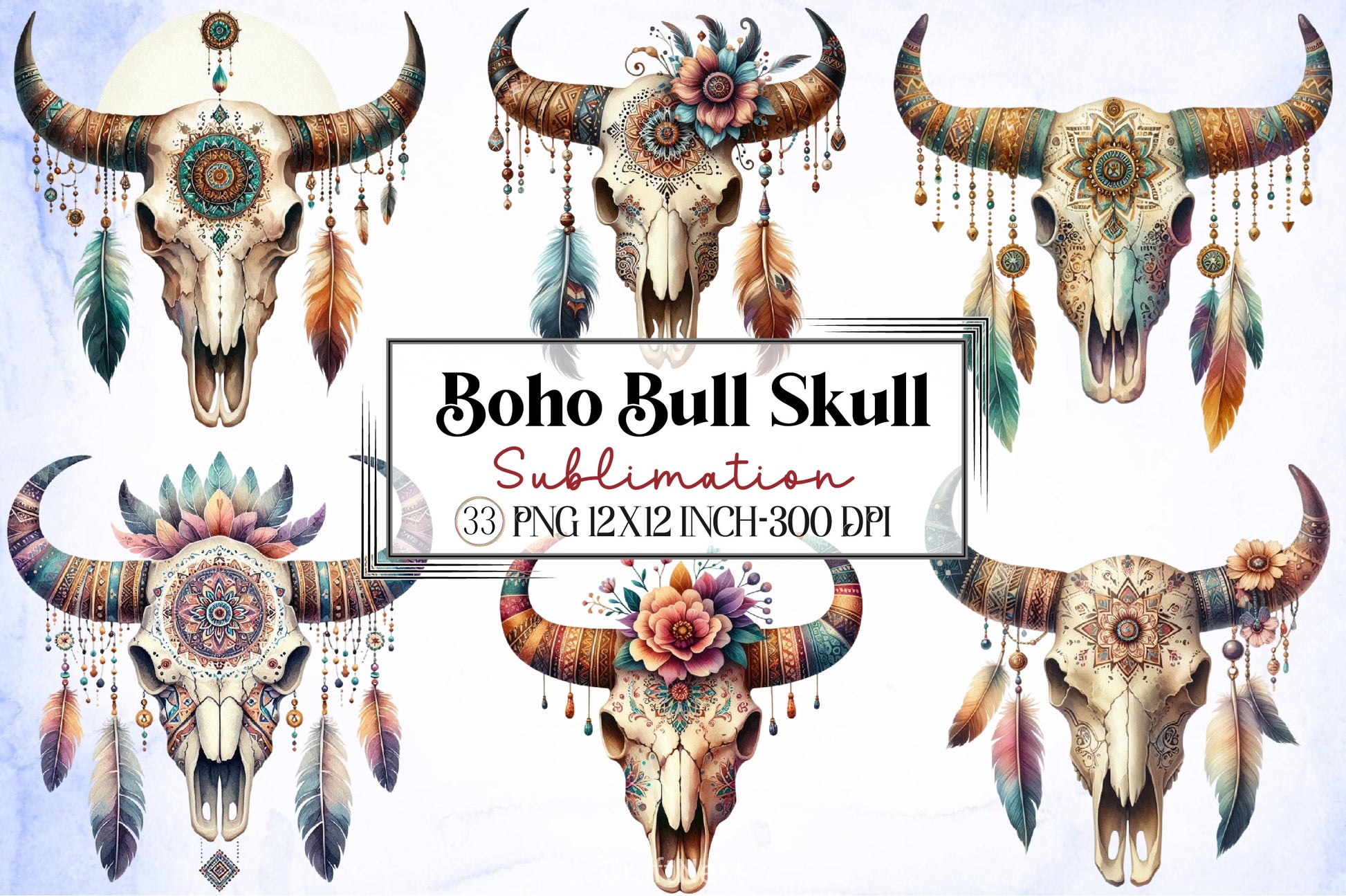 Boho Bull Skull Clipart Bundle - CraftNest - Digital Crafting and Art