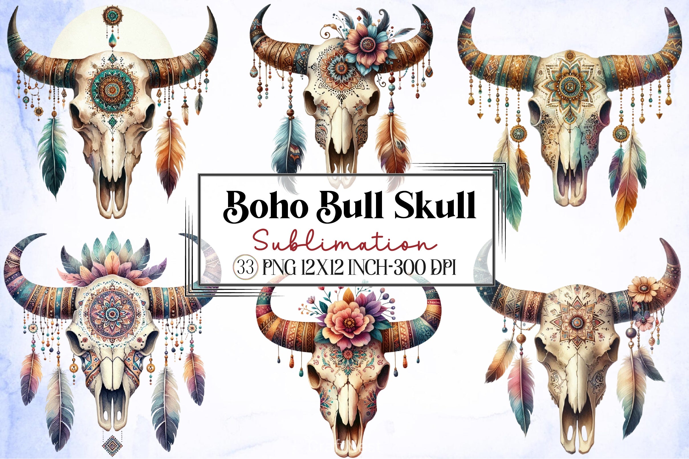 Boho Bull Skull Clipart Bundle - CraftNest - Digital Crafting and Art