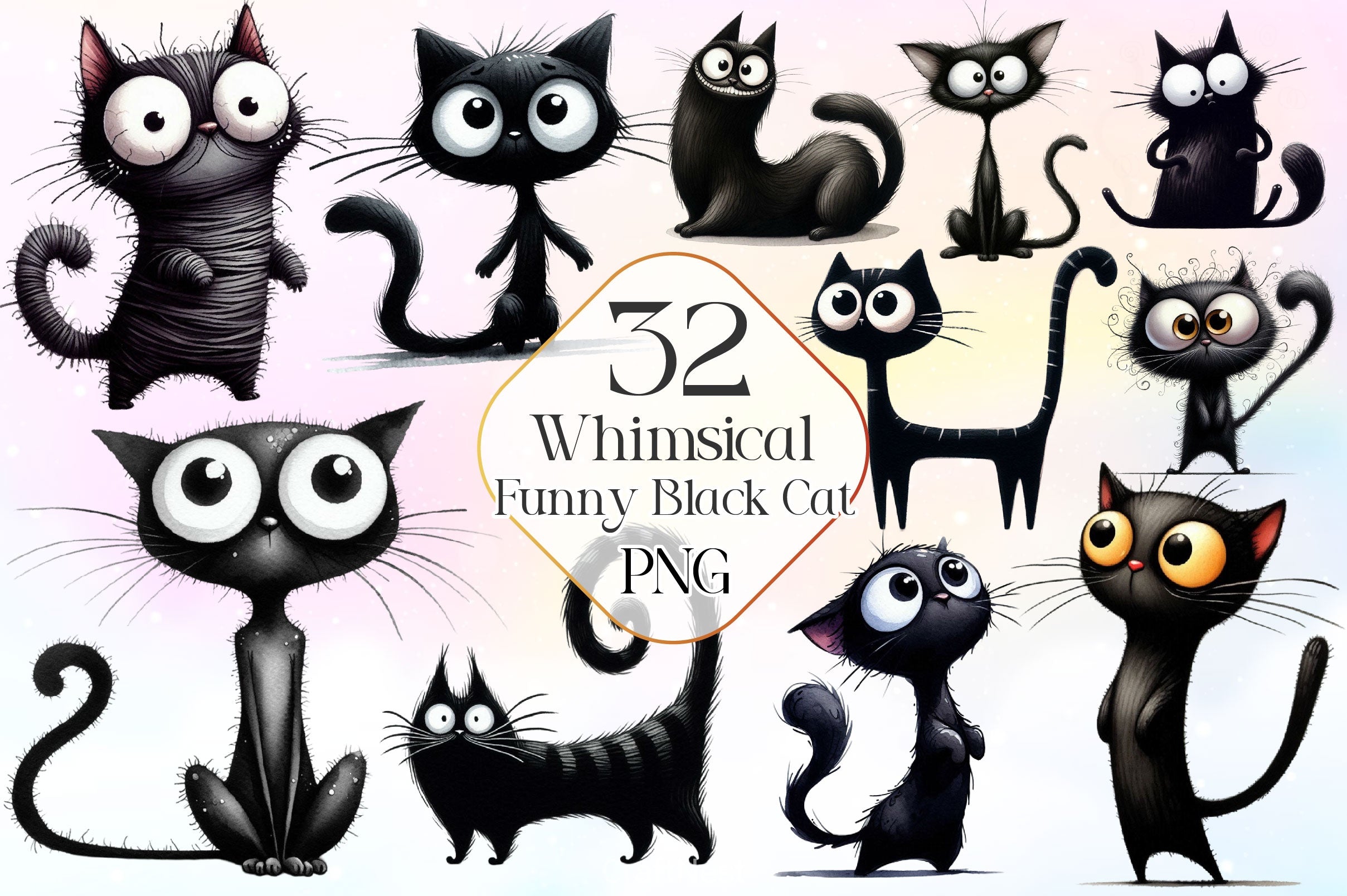 Whimsical Funny Black Cat Clipart Bundle - CraftNest - Digital Crafting and Art
