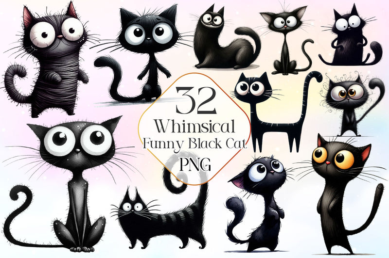 Whimsical Funny Black Cat Clipart Bundle - CraftNest - Digital Crafting and Art