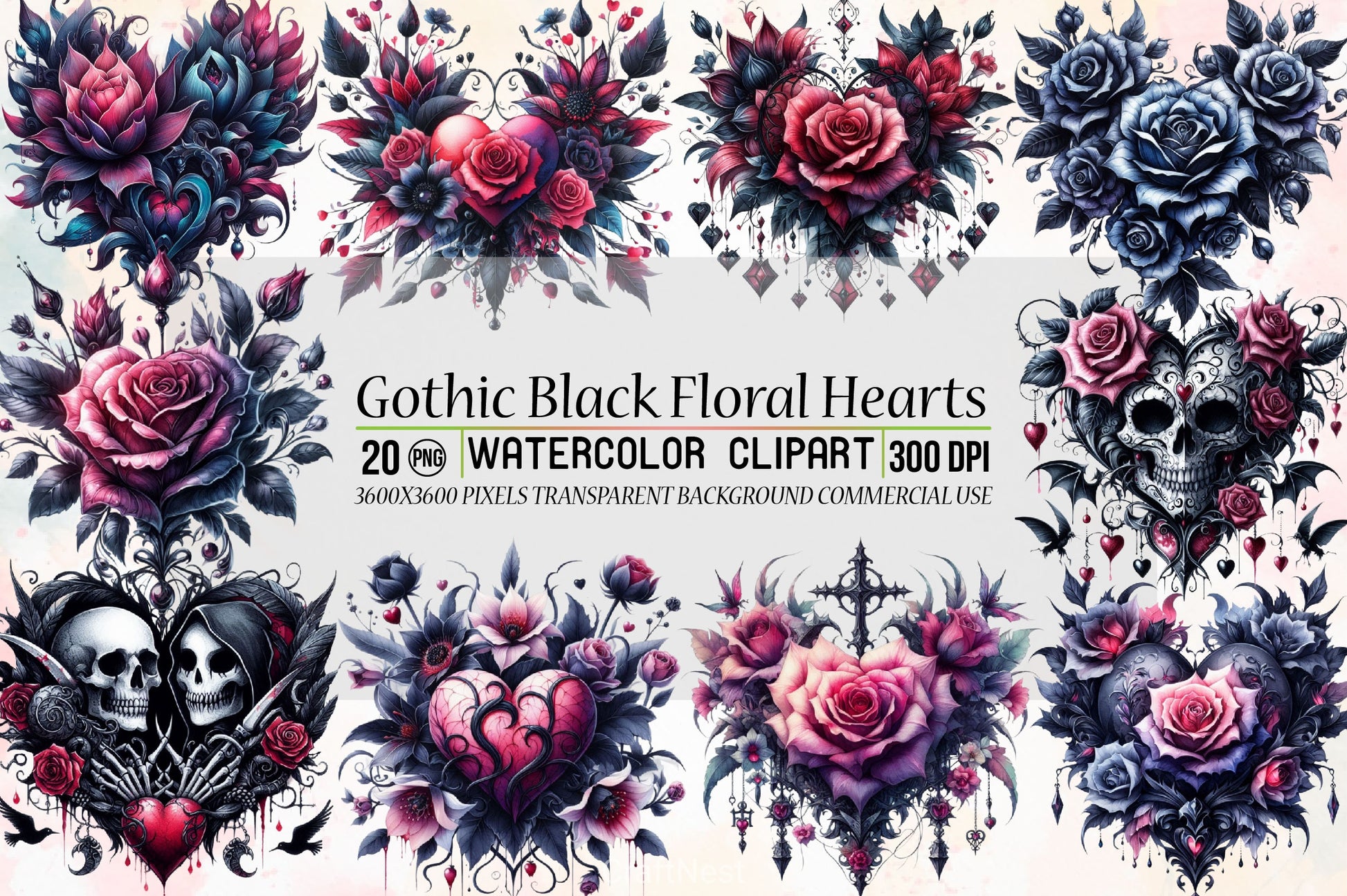 Gothic Black Floral Hearts Clipart Bundle - CraftNest - Digital Crafting and Art