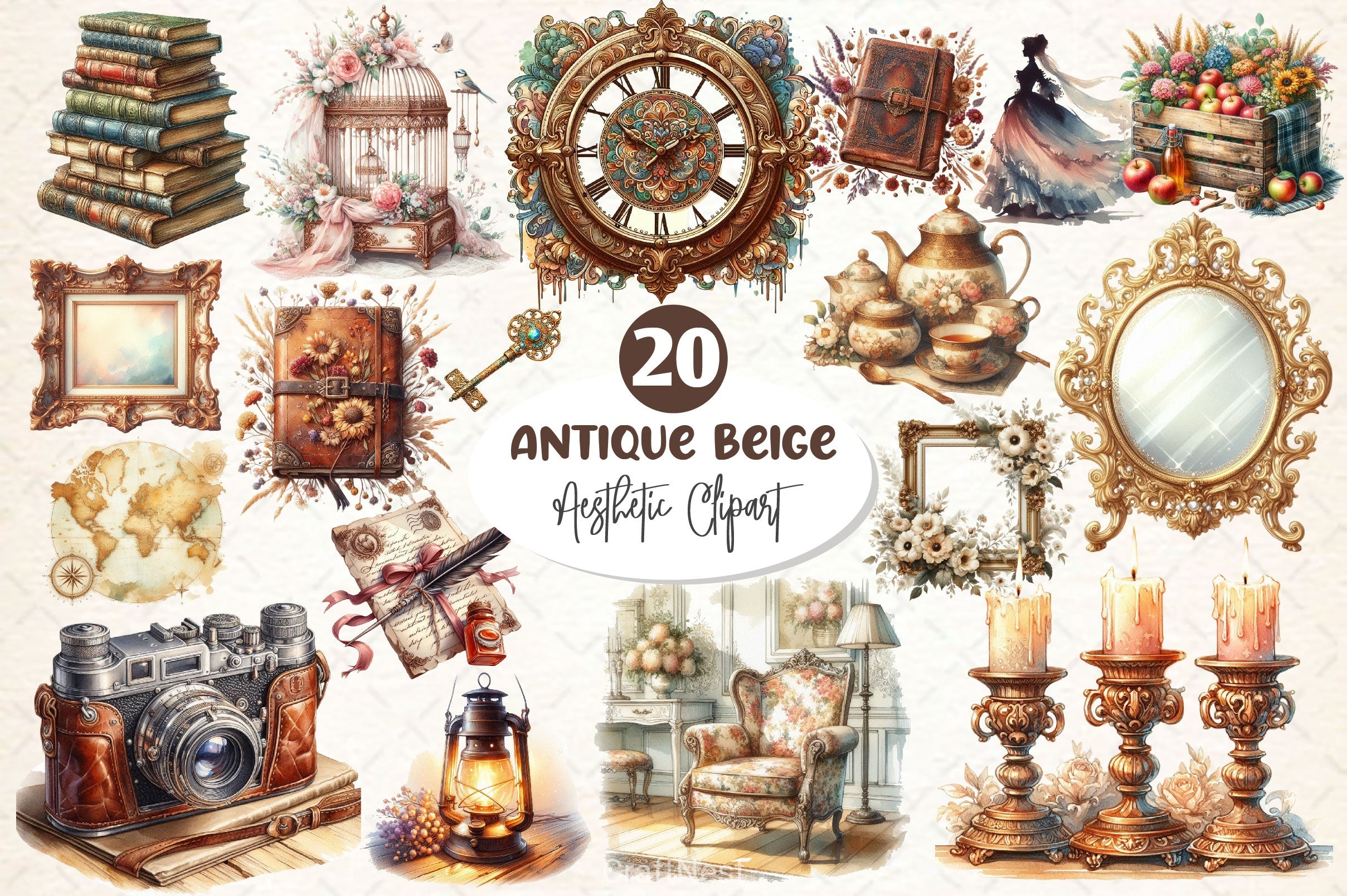 Antique Beige Aesthetic Clipart Bundle - CraftNest - Digital Crafting and Art
