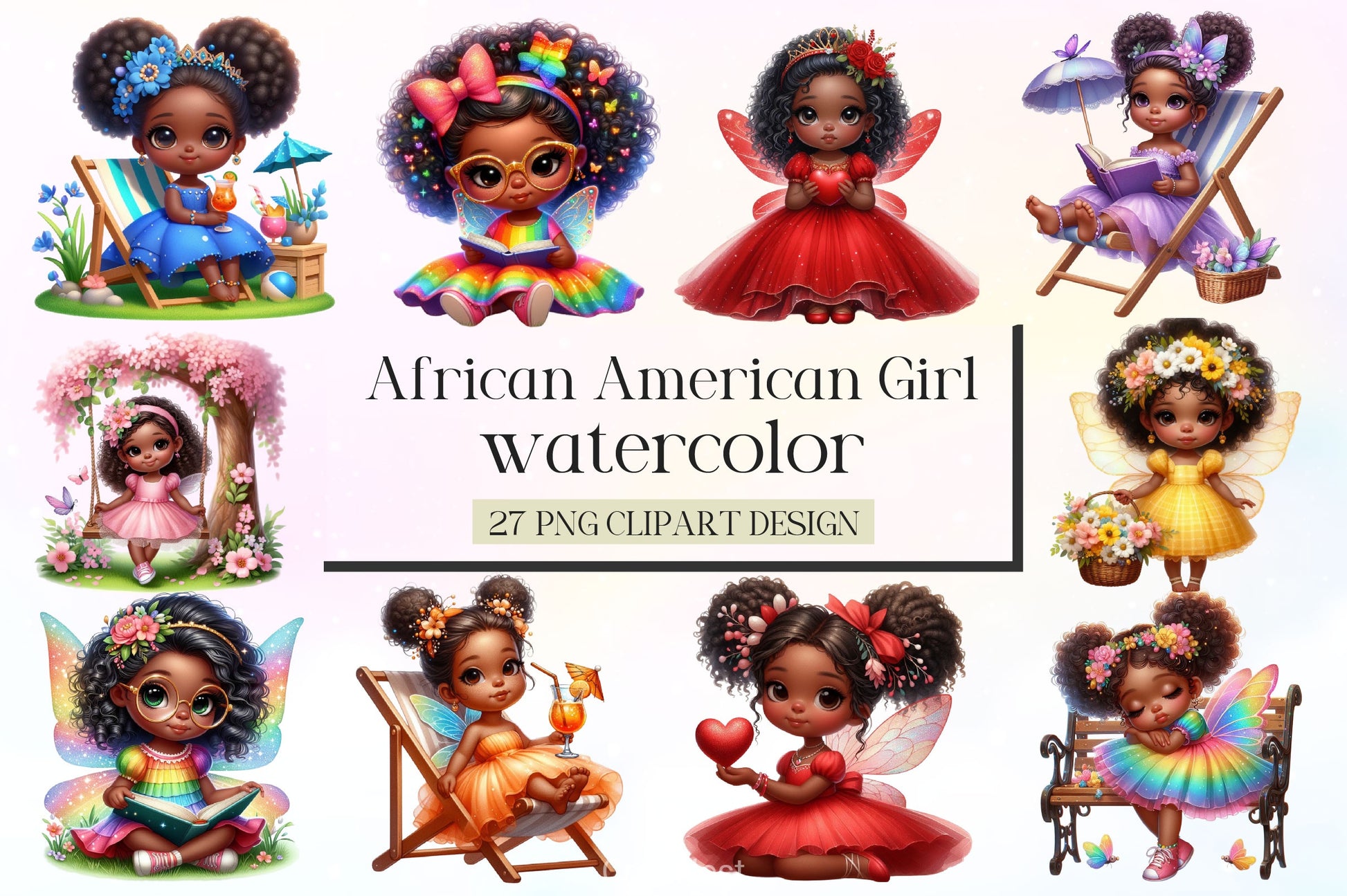 Little Black Fairy African Girl Watercolor Clipart Bundle - CraftNest - Digital Crafting and Art