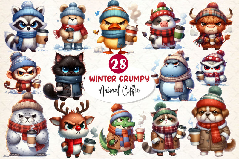 Winter Grumpy Animal Coffee Clipart Bundle 2 - CraftNest - Digital Crafting and Art