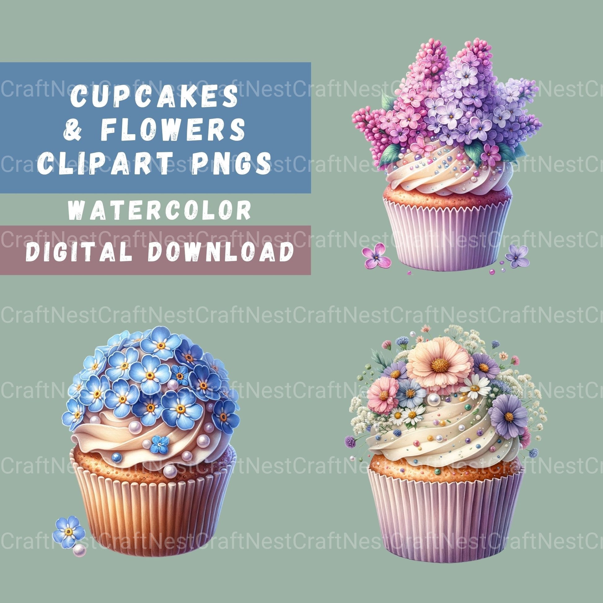 Cupcakes Floral Clipart Bundle - CraftNest - Digital Crafting and Art