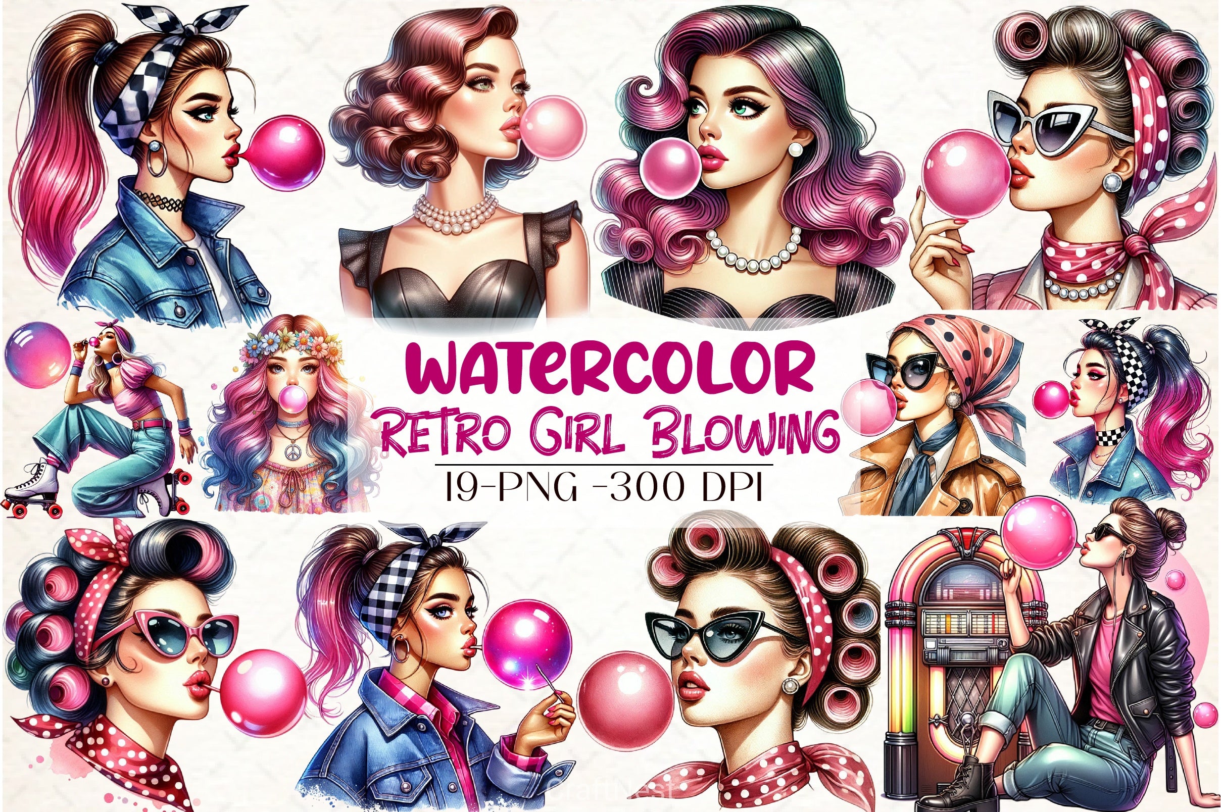 Retro Girl Bubblegum Clipart Bundle - CraftNest - Digital Crafting and Art