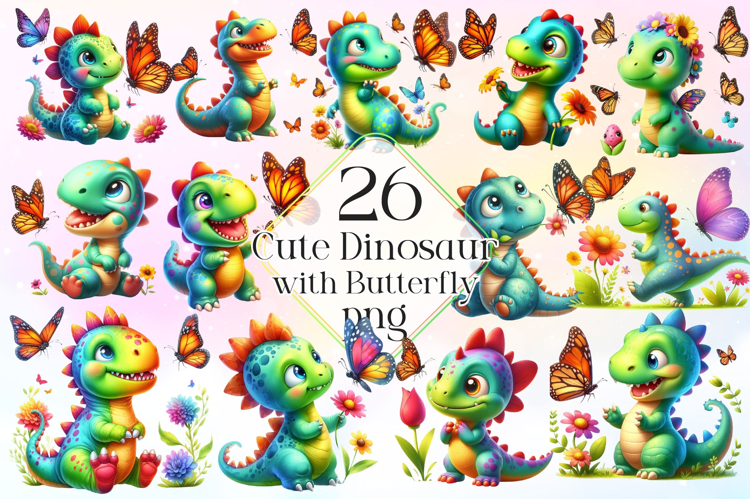 Cute Dinosaur With Butterfly Clipart Bundle 2 - CraftNest - Digital Crafting and Art