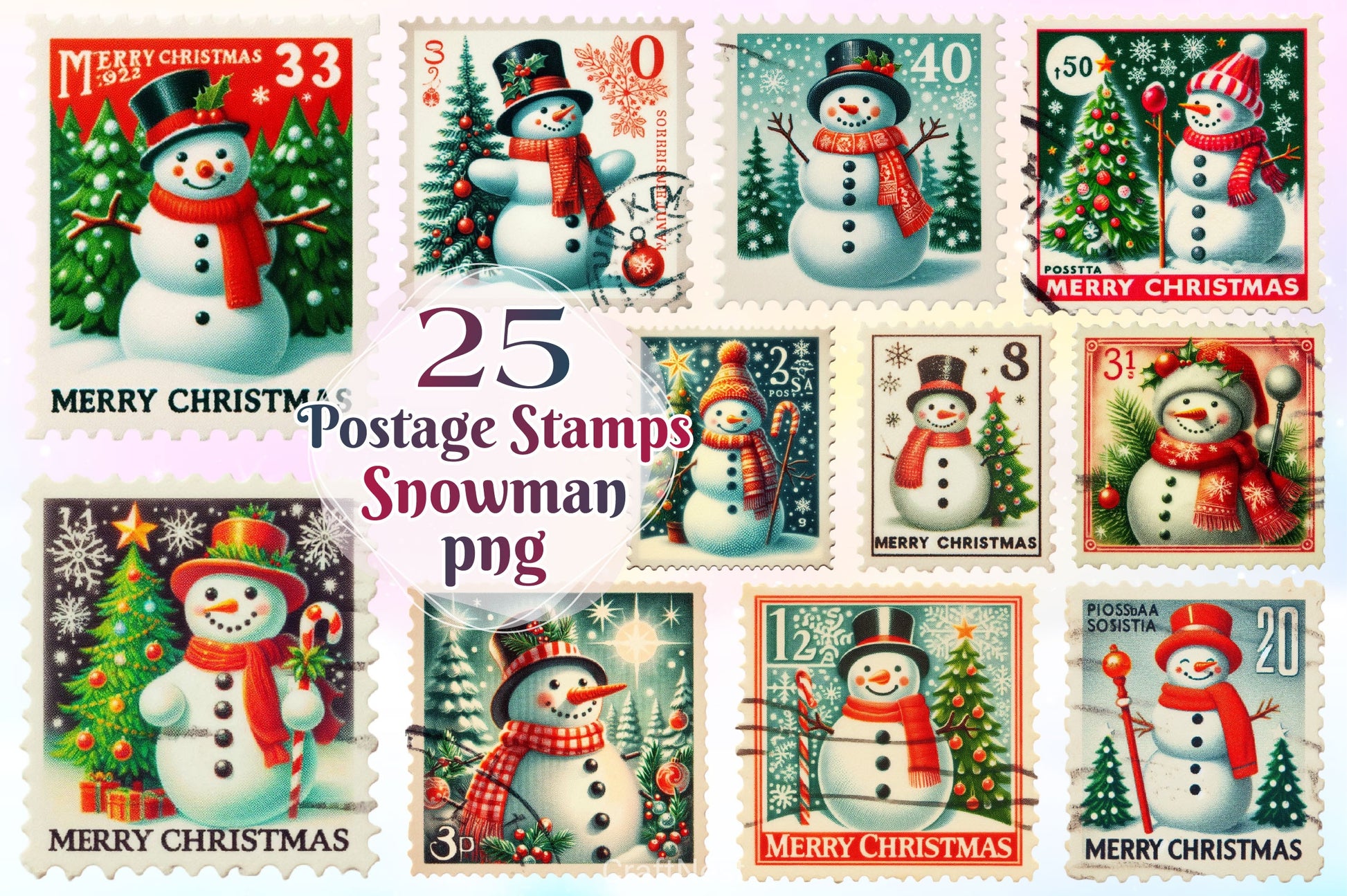 Christmas Snowman Postage Stamps Clipart Bundle 2 - CraftNest - Digital Crafting and Art