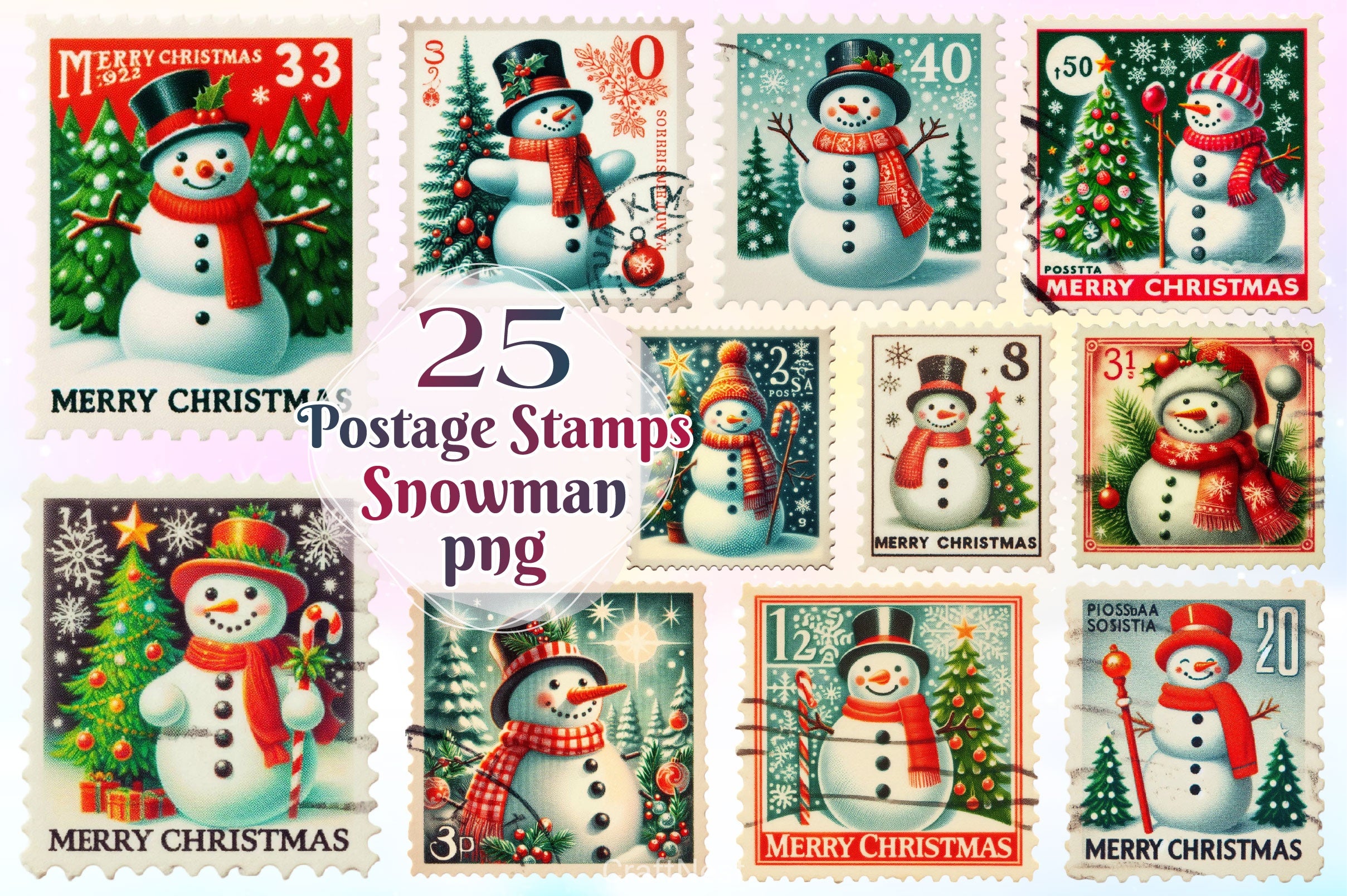 Christmas Snowman Postage Stamps Clipart Bundle 2 - CraftNest - Digital Crafting and Art