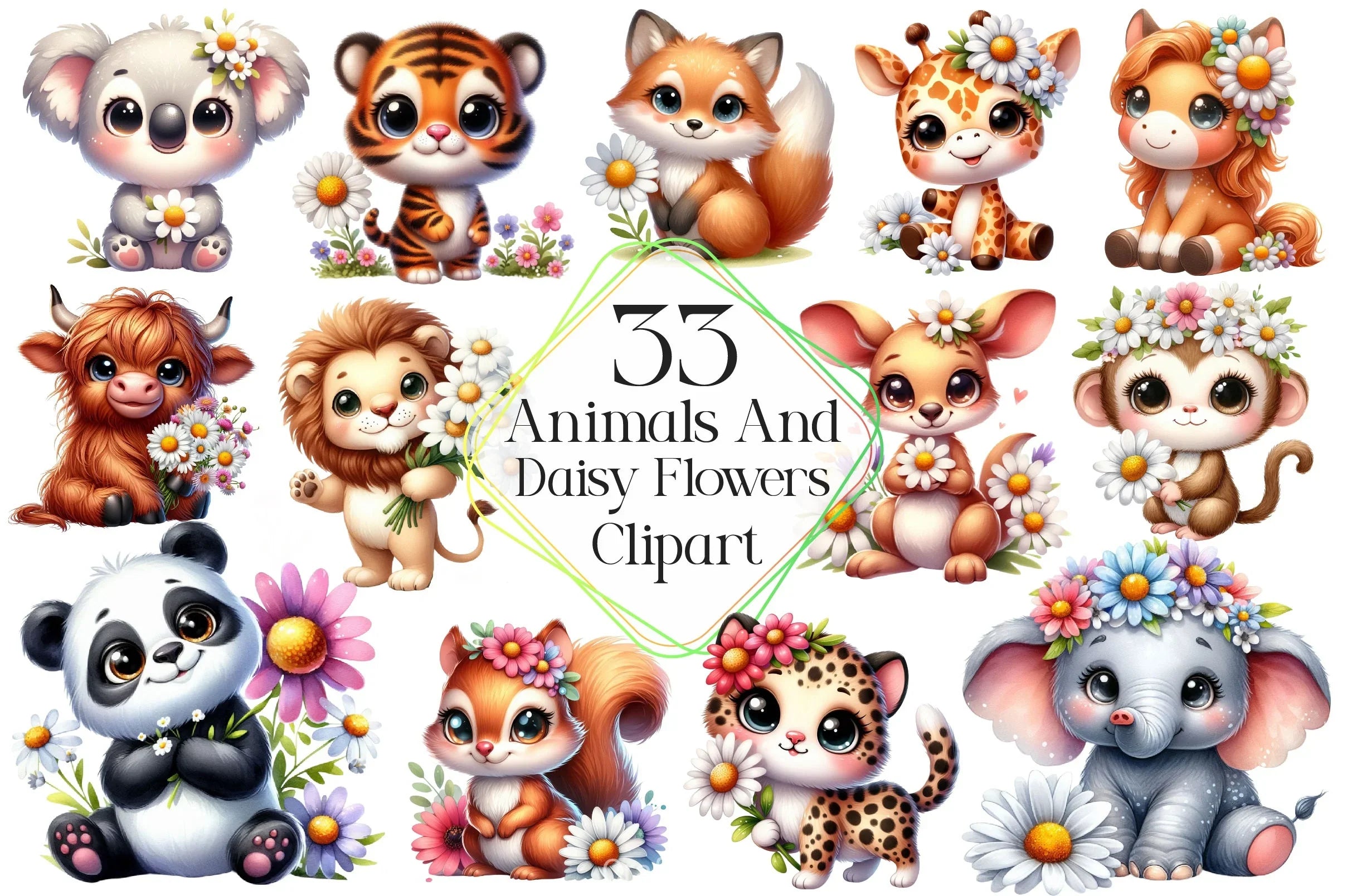 Cute Animals Daisy Flowers Clipart Bundle 2 - CraftNest - Digital Crafting and Art