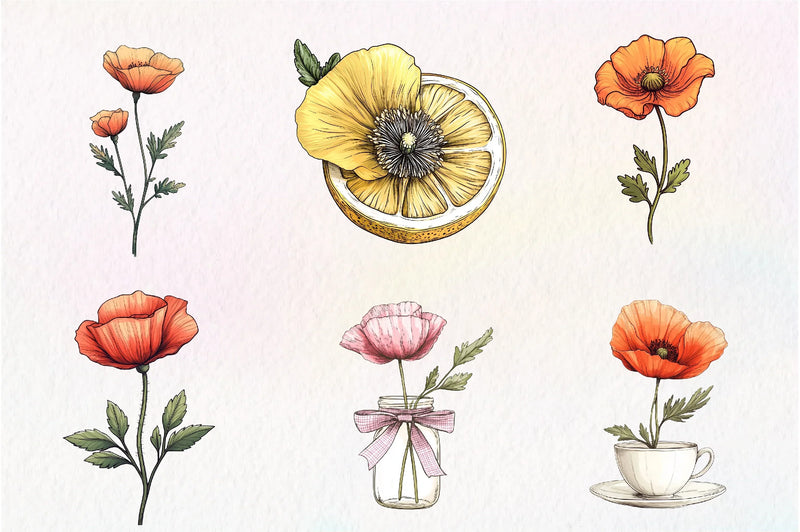Summer Poppy Flowers Clipart Bundle - CraftNest - Digital Crafting and Art