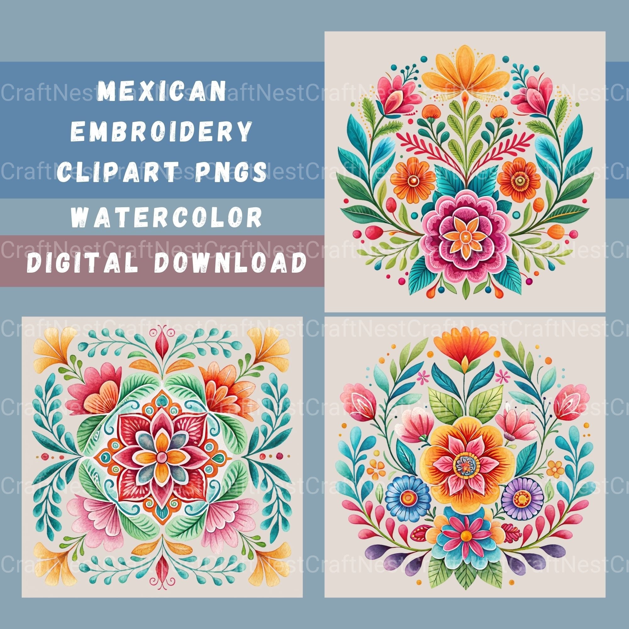 Mexican Embroidery Flowers Clipart Bundle - CraftNest - Digital Crafting and Art