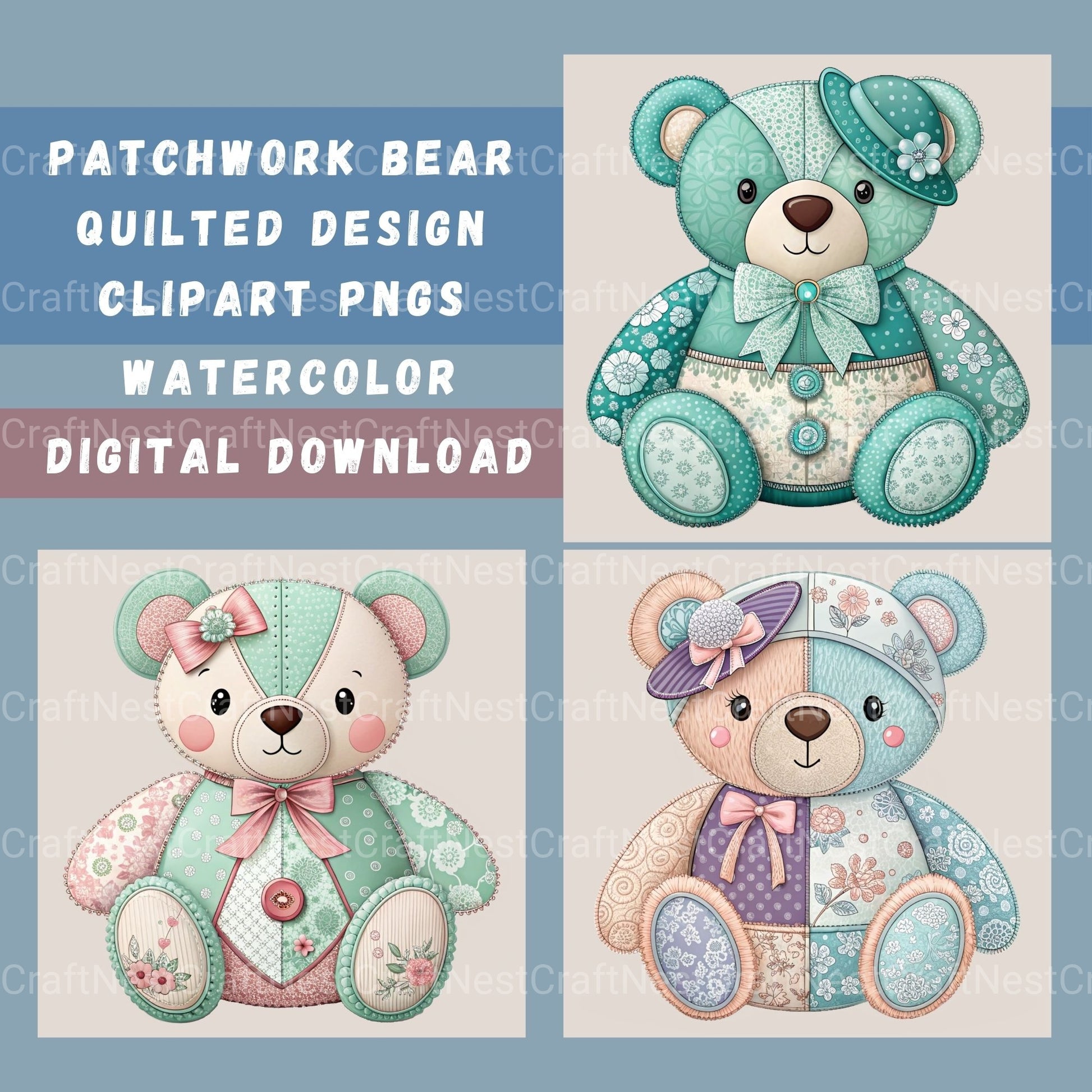 Patchwork Bears Clipart Bundle - CraftNest - Digital Crafting and Art