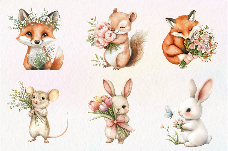 Spring Woodland Animal With Bouquet Clipart Bundle - CraftNest - Digital Crafting and Art