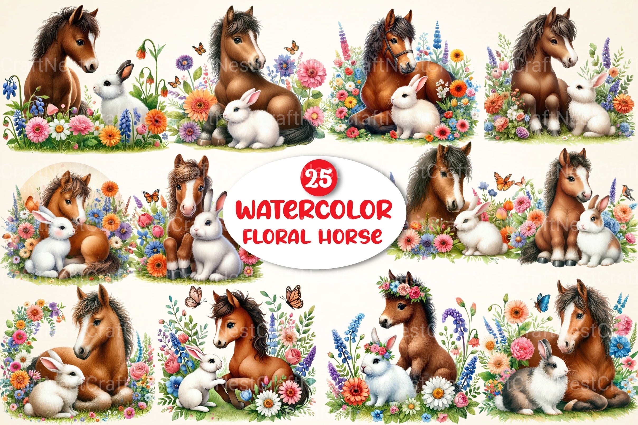 Floral Horse Clipart Bundle - CraftNest - Digital Crafting and Art