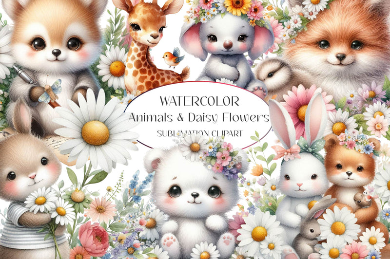 Cute Animals & Daisy Flowers Clipart Bundle 1 - CraftNest - Digital Crafting and Art