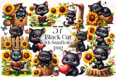Cute Black Cat With Sunflower Clipart Bundle - CraftNest - Digital Crafting and Art