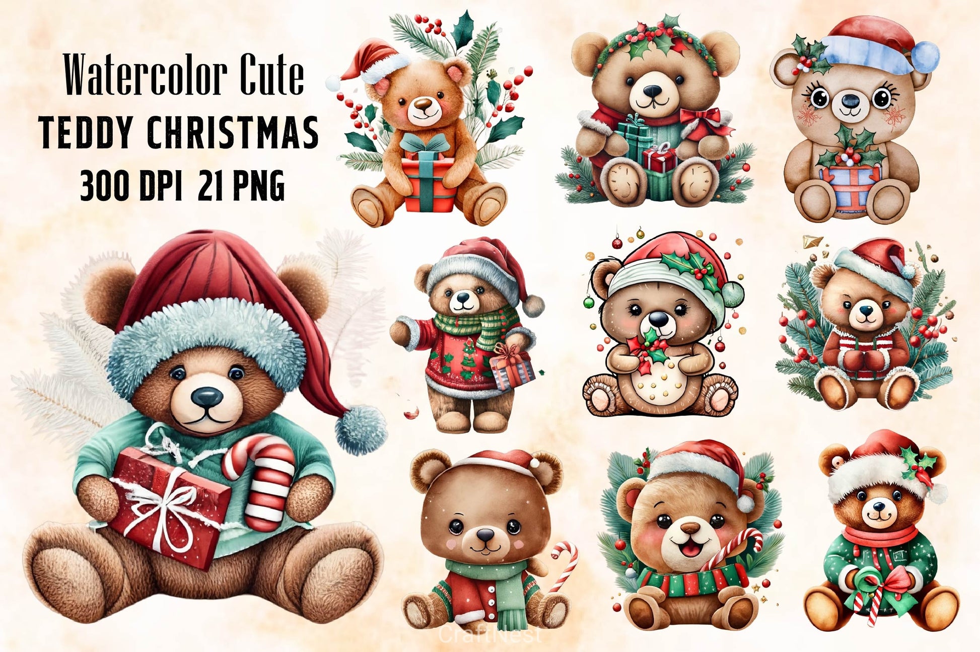 Cute Teddy Christmas Clipart Bundle - CraftNest - Digital Crafting and Art