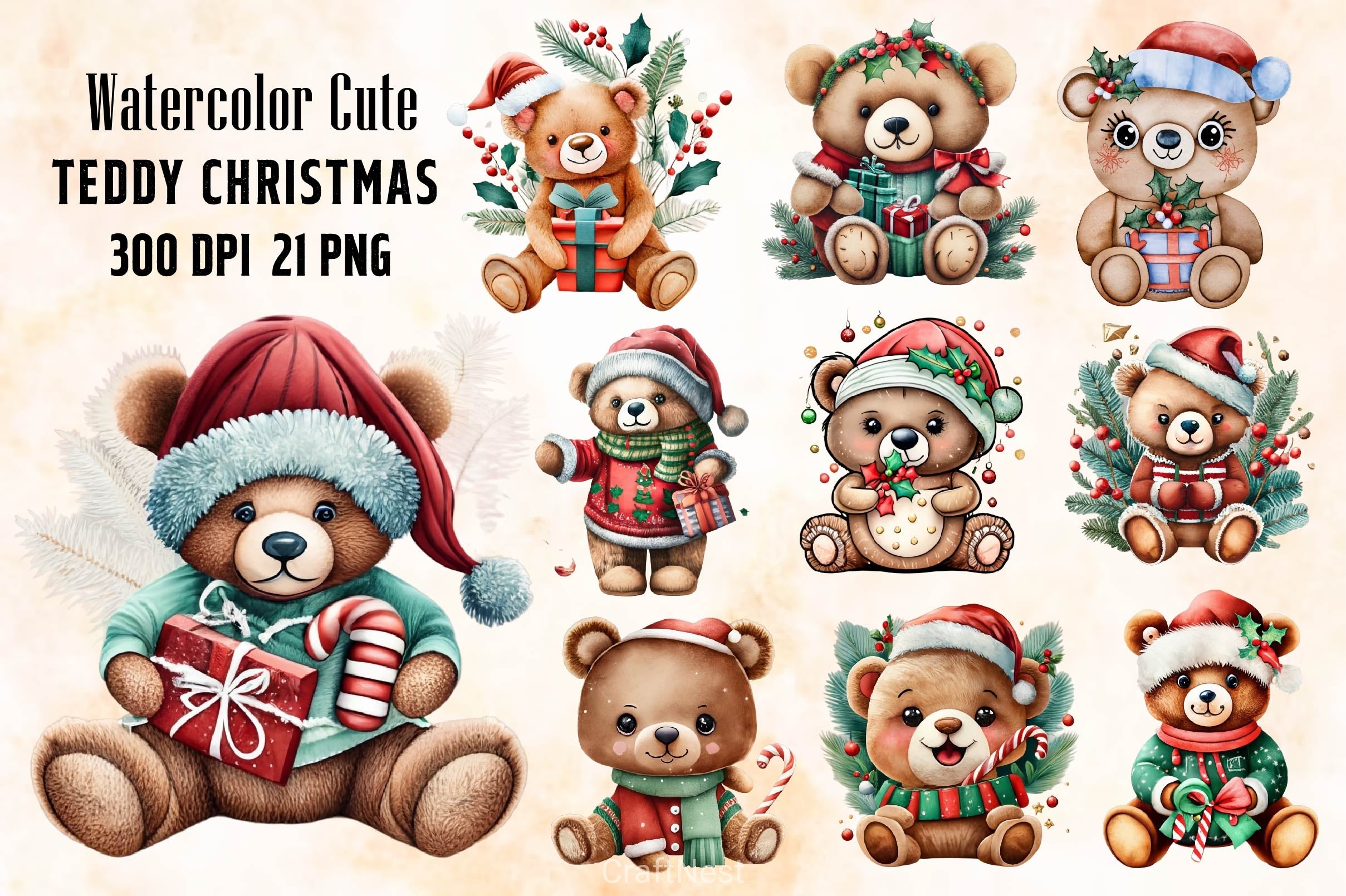 Cute Teddy Christmas Clipart Bundle - CraftNest - Digital Crafting and Art