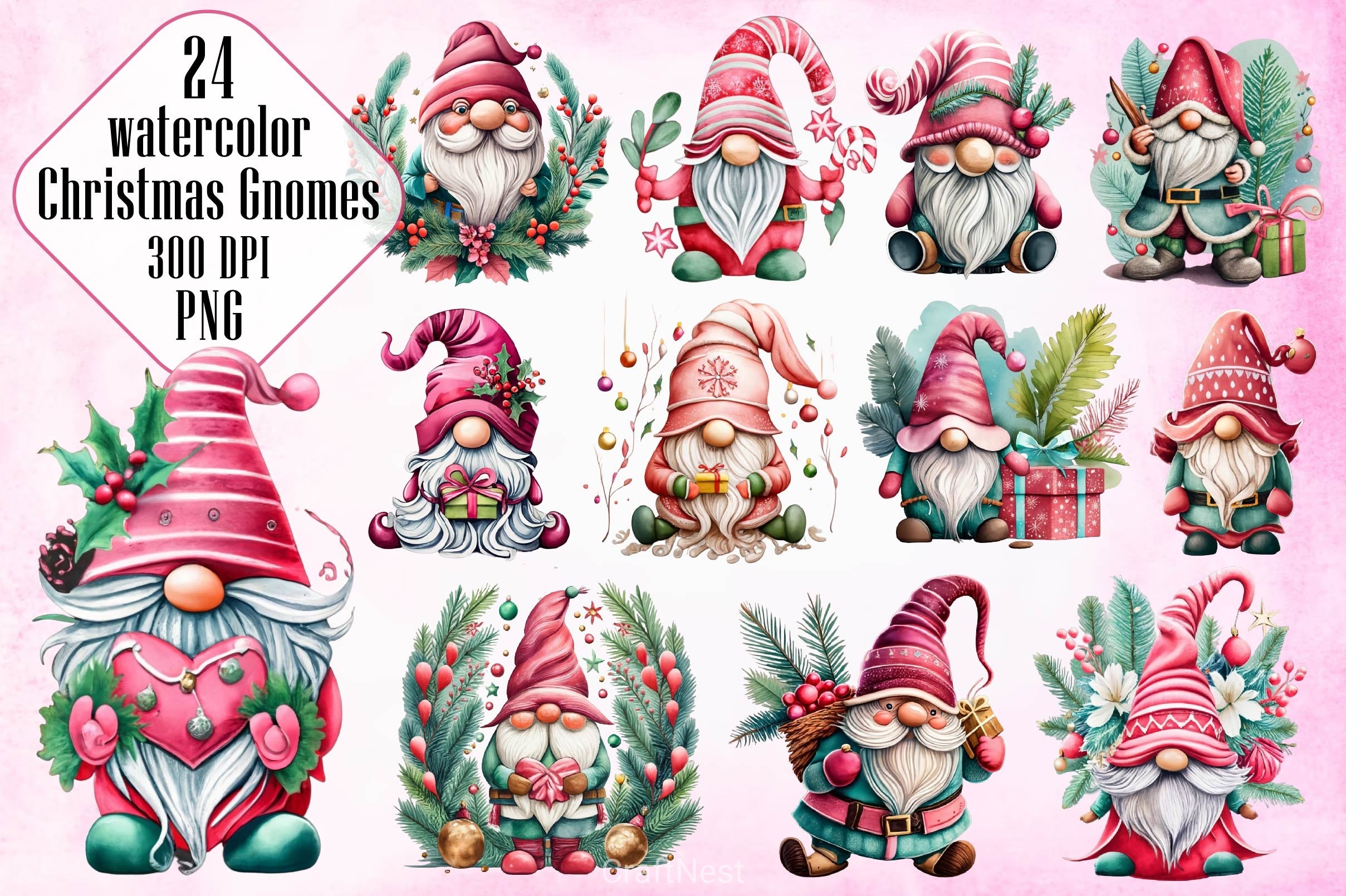 Pink Christmas Gnome Steal Clipart Bundle - CraftNest - Digital Crafting and Art
