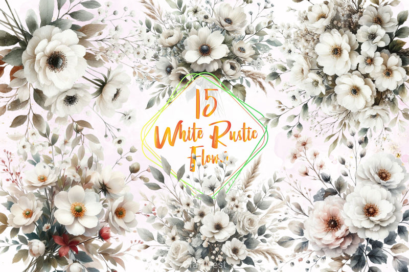 White Rustic Flower Clipart Bundle - CraftNest - Digital Crafting and Art