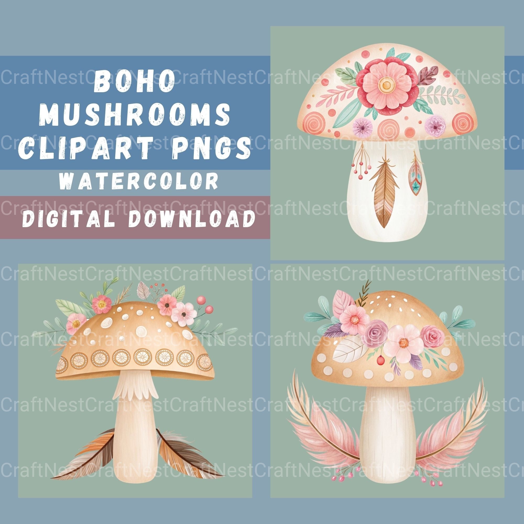 Boho Mushrooms Clipart Bundle - CraftNest - Digital Crafting and Art