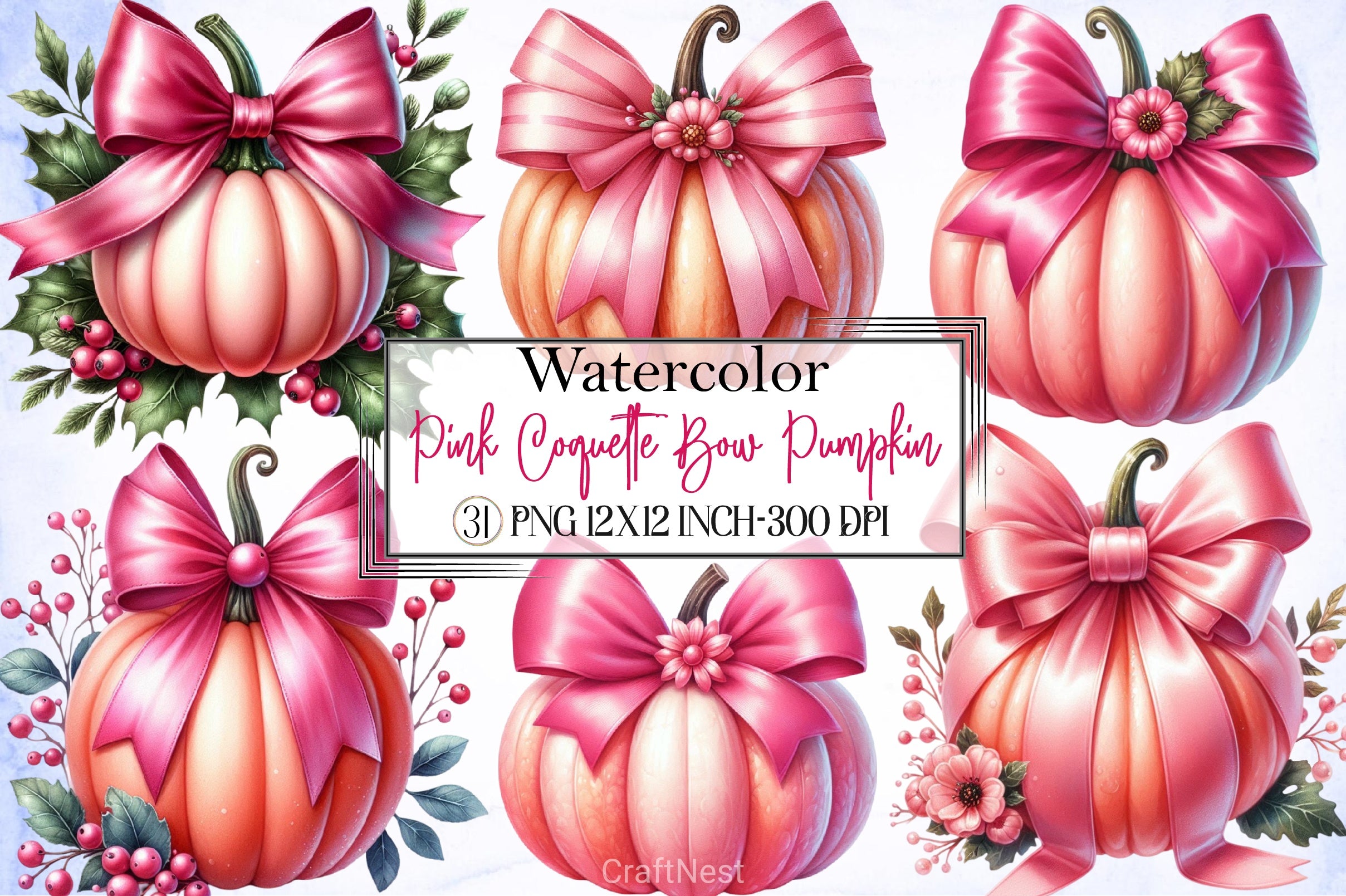 Pink Coquette Bow Pumpkin Clipart Bundle - CraftNest - Digital Crafting and Art