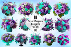 Purple And Turquoise Bouquets Clipart Bundle - CraftNest - Digital Crafting and Art