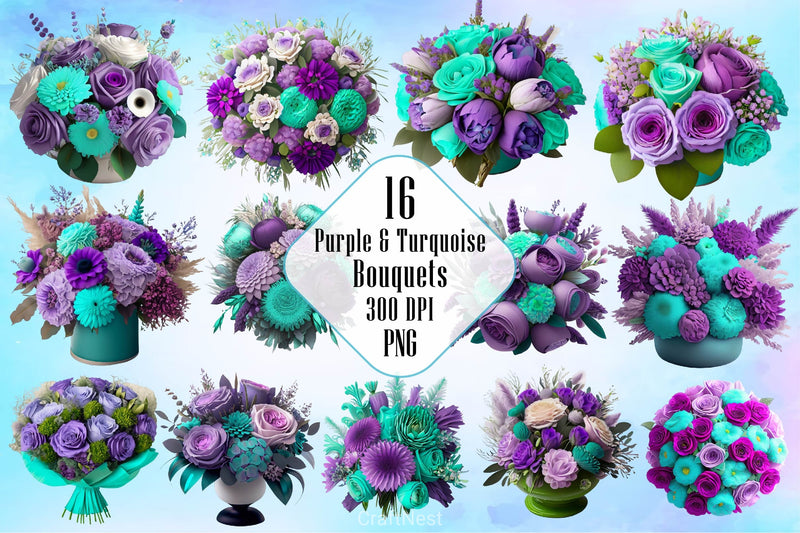 Purple And Turquoise Bouquets Clipart Bundle - CraftNest - Digital Crafting and Art