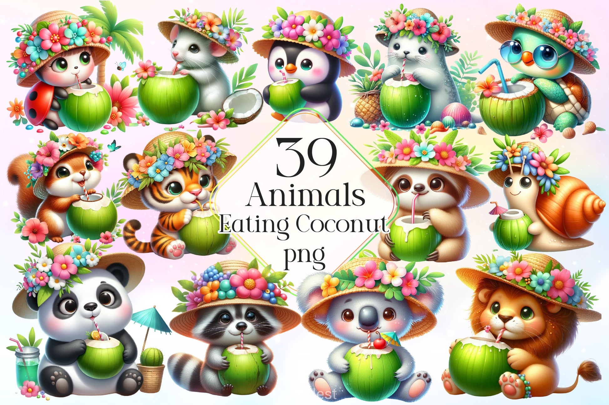 Summer Animals Eating Green Coconut Clipart Bundle 2 - CraftNest - Digital Crafting and Art
