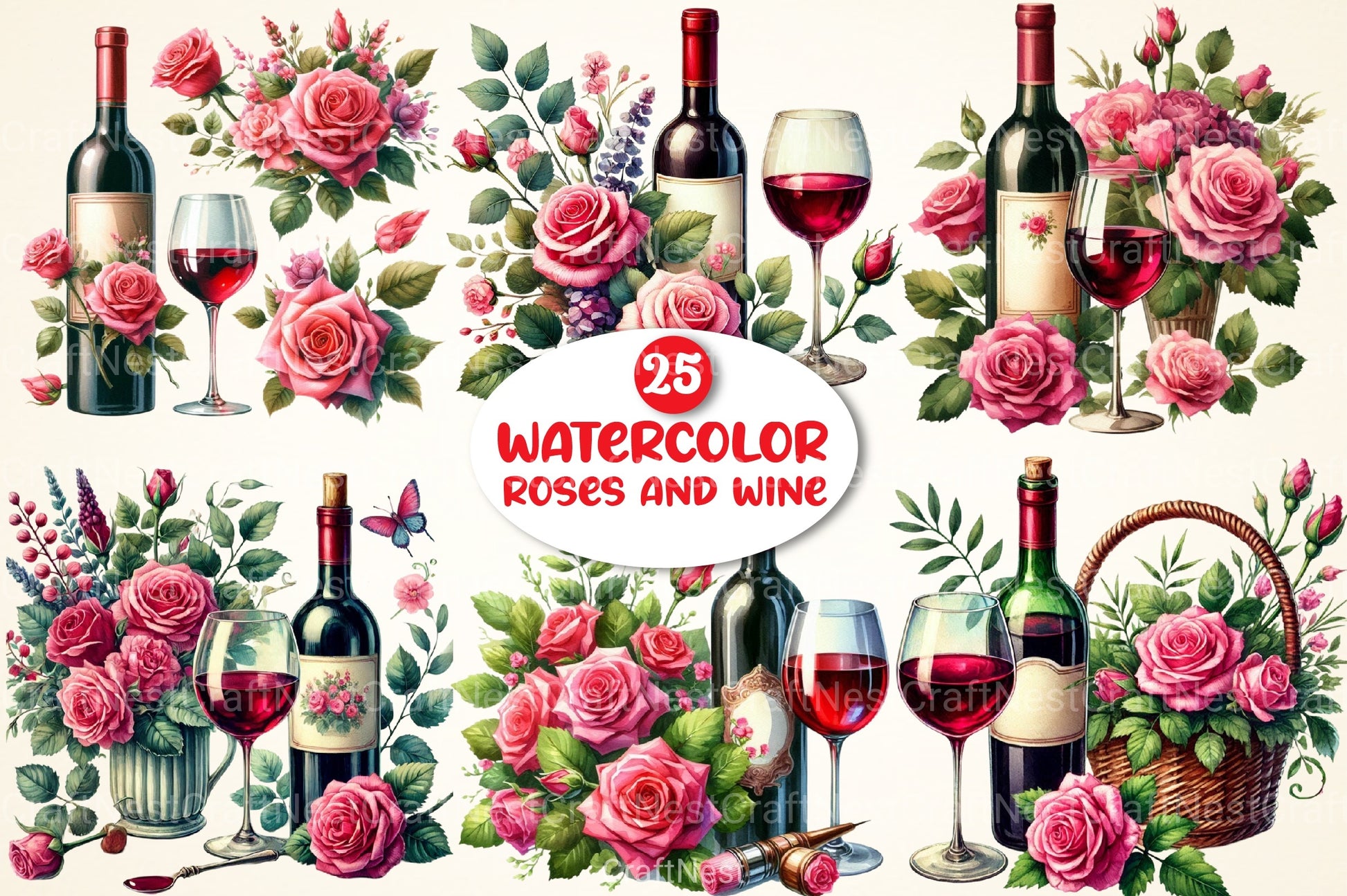 Roses and Wine Clipart Bundle - CraftNest - Digital Crafting and Art
