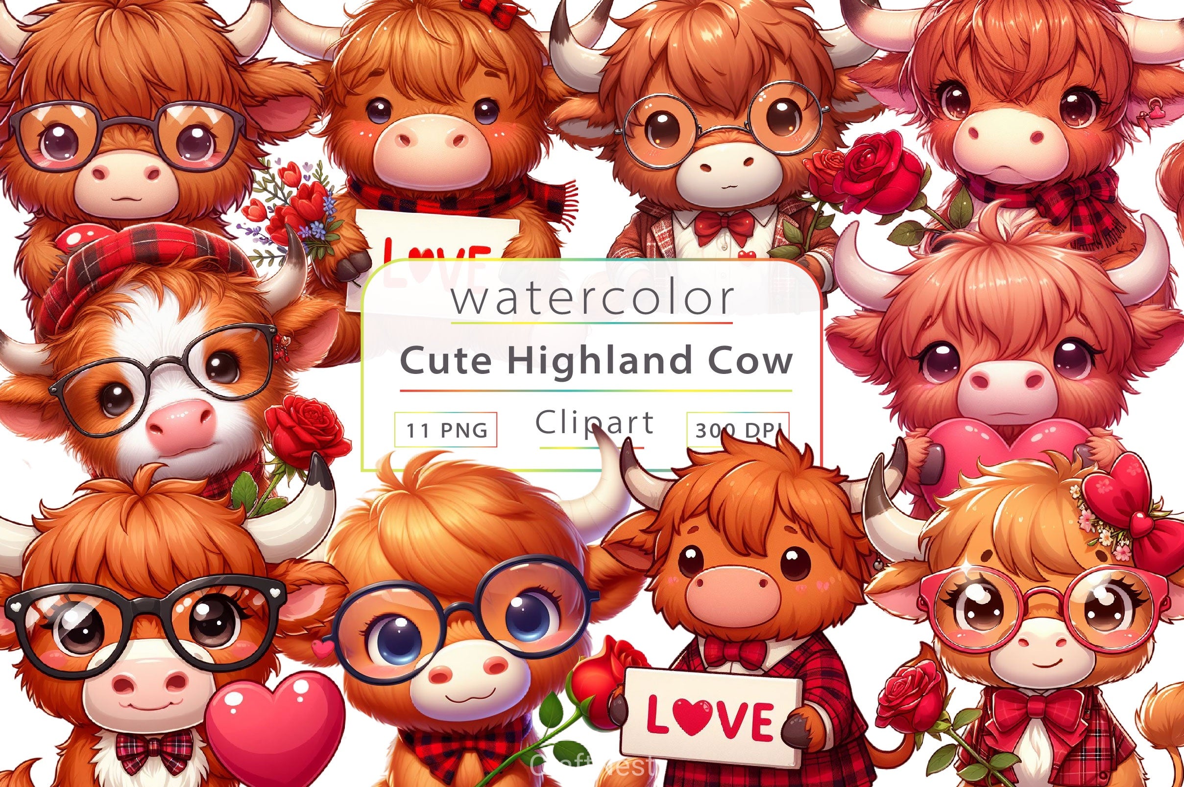 Valentines Day Highland Cow Clipart Bundle - CraftNest - Digital Crafting and Art