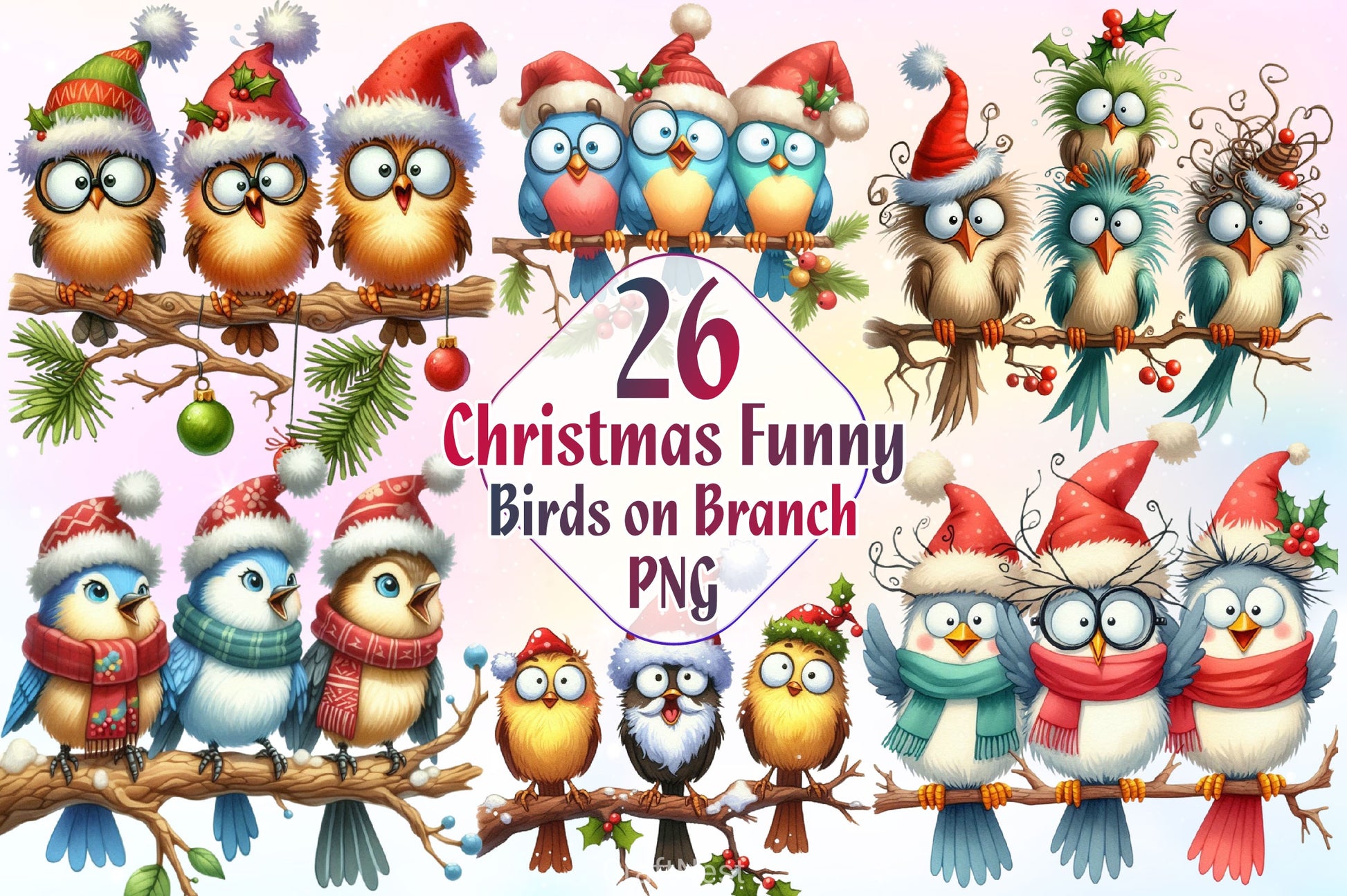 Christmas Funny Birds On Branch Clipart Bundle 2 - CraftNest - Digital Crafting and Art